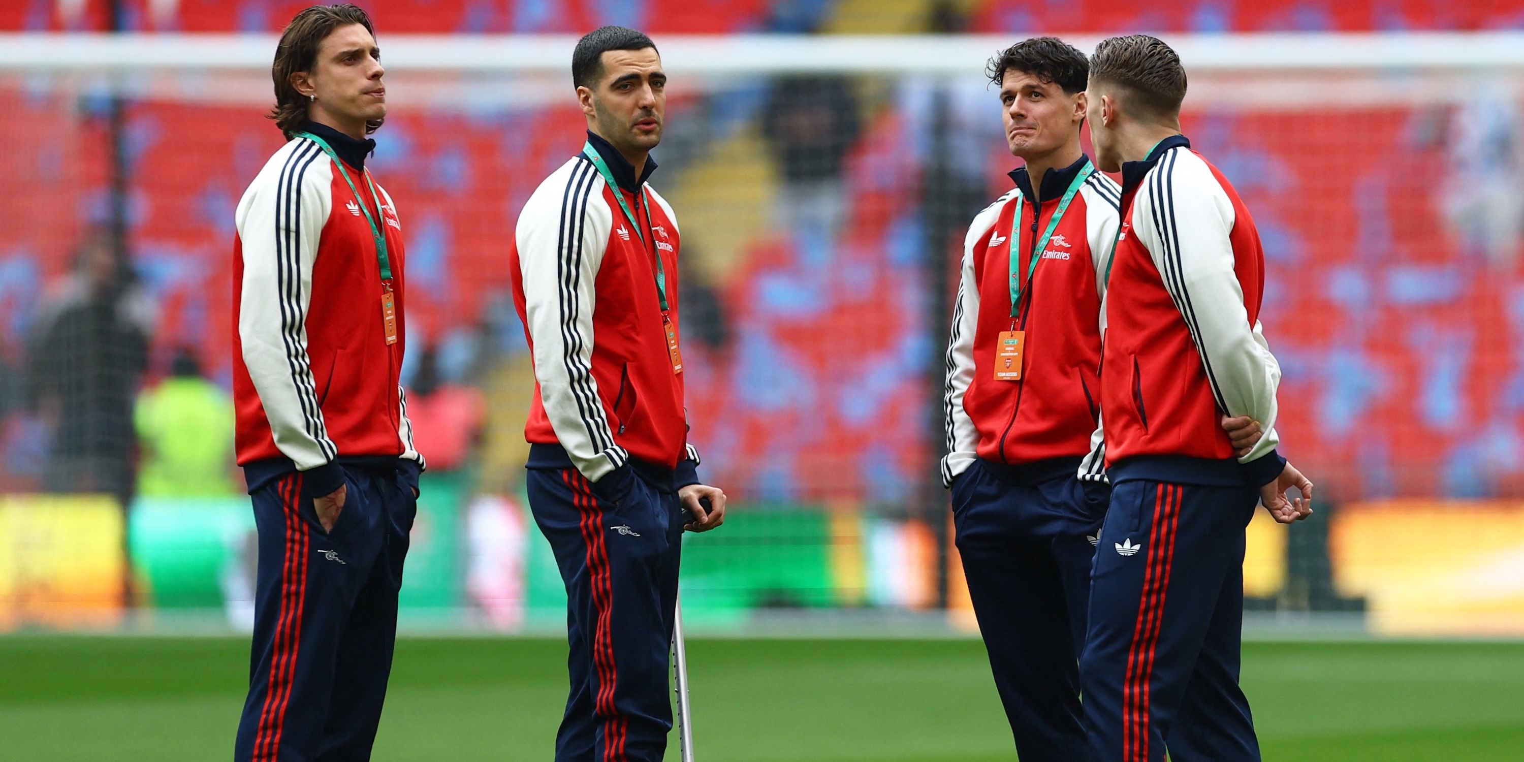 Arsenal's Riccardo Calafiori, Mikel Merino, Christian Norgaard and Viktor Gyokeres