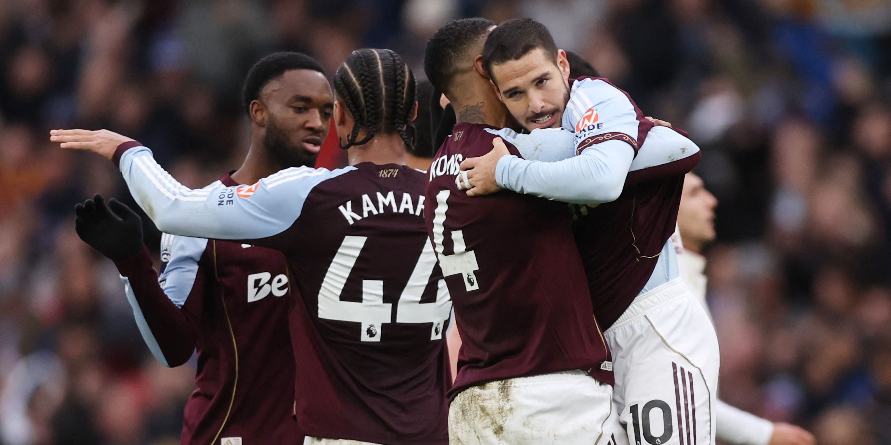 Aston Villa's Emiliano Buendia and Ezri Konsa celebrate after the match