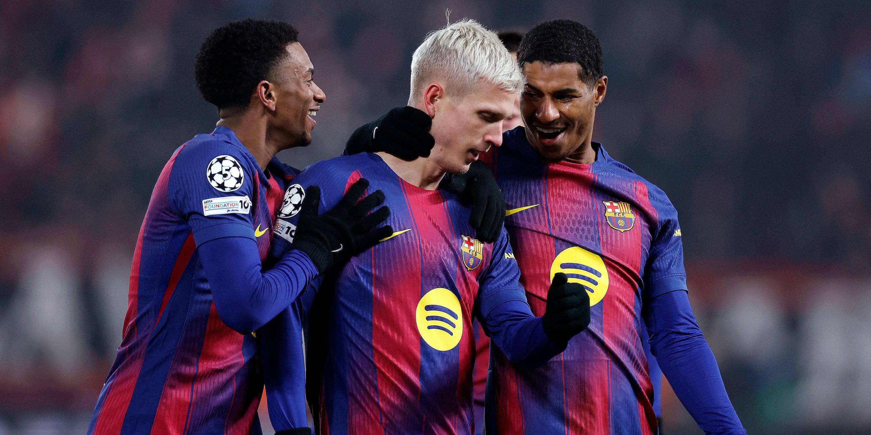 Dani Olmo of Barcelona celebrates scoring his third goal with Alejandro Balde of FC Barcelona and Marcus Rashford-1 of FC Barcelona