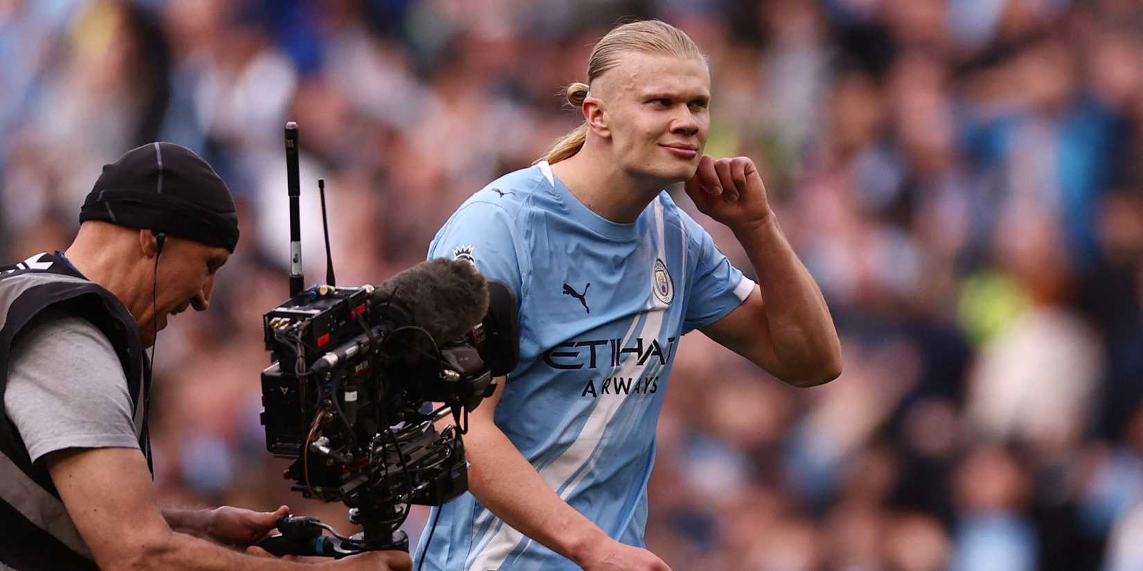 Manchester City's Erling Haaland celebrates after the match 