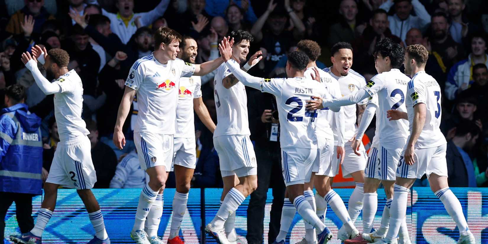 James Justin celebrates scoring opening goal for Leeds
