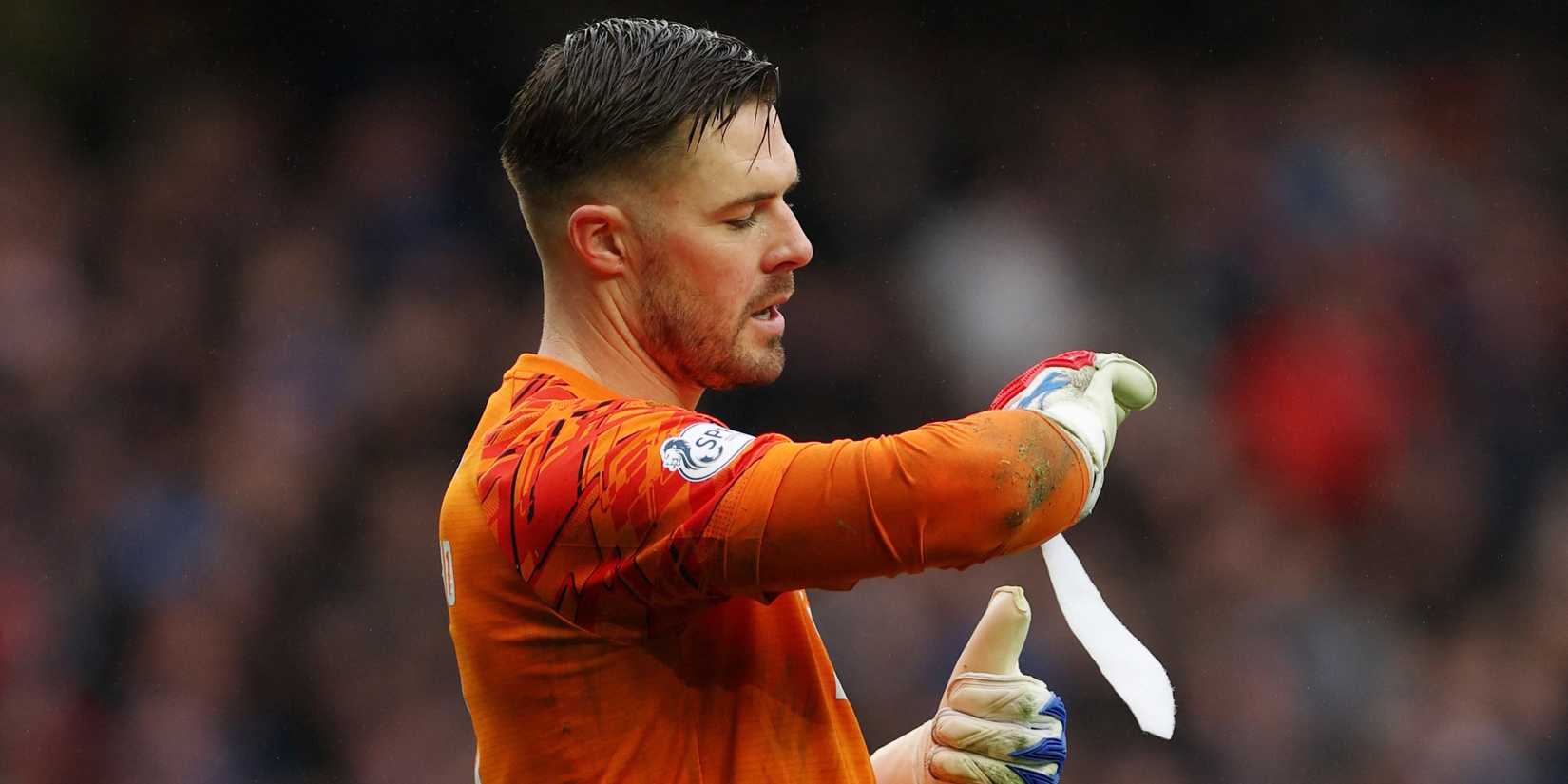 Rangers' Jack Butland adjusts his gloves during the match 