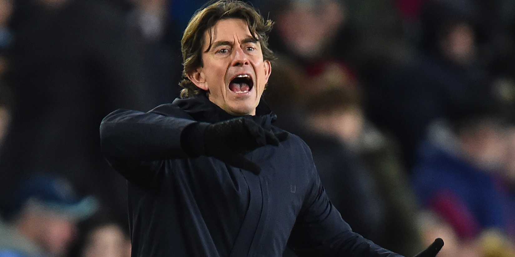 Tottenham Hotspur manager Thomas Frank reacts 