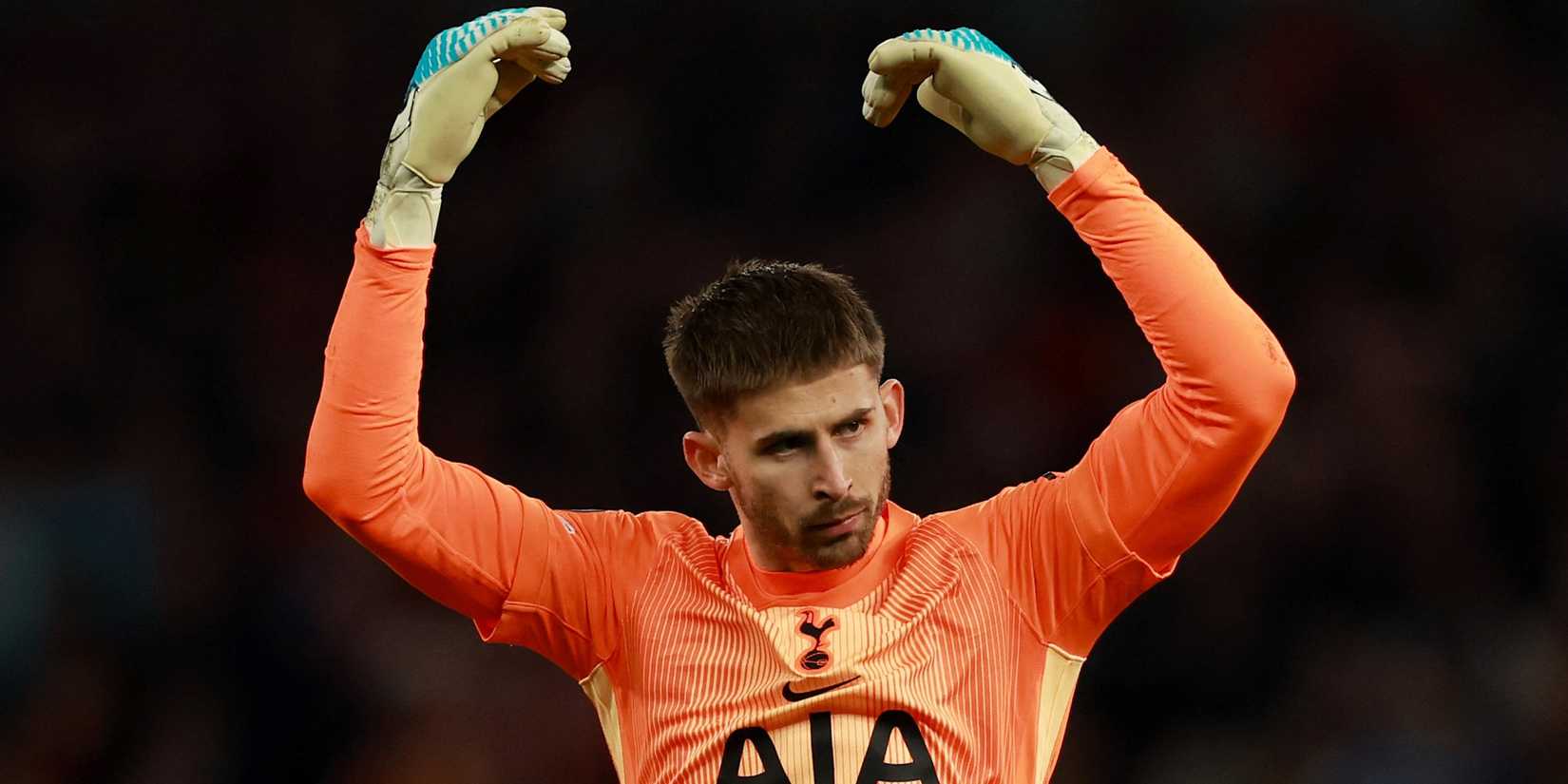 Guglielmo Vicario of Tottenham Hotspur celebrates
