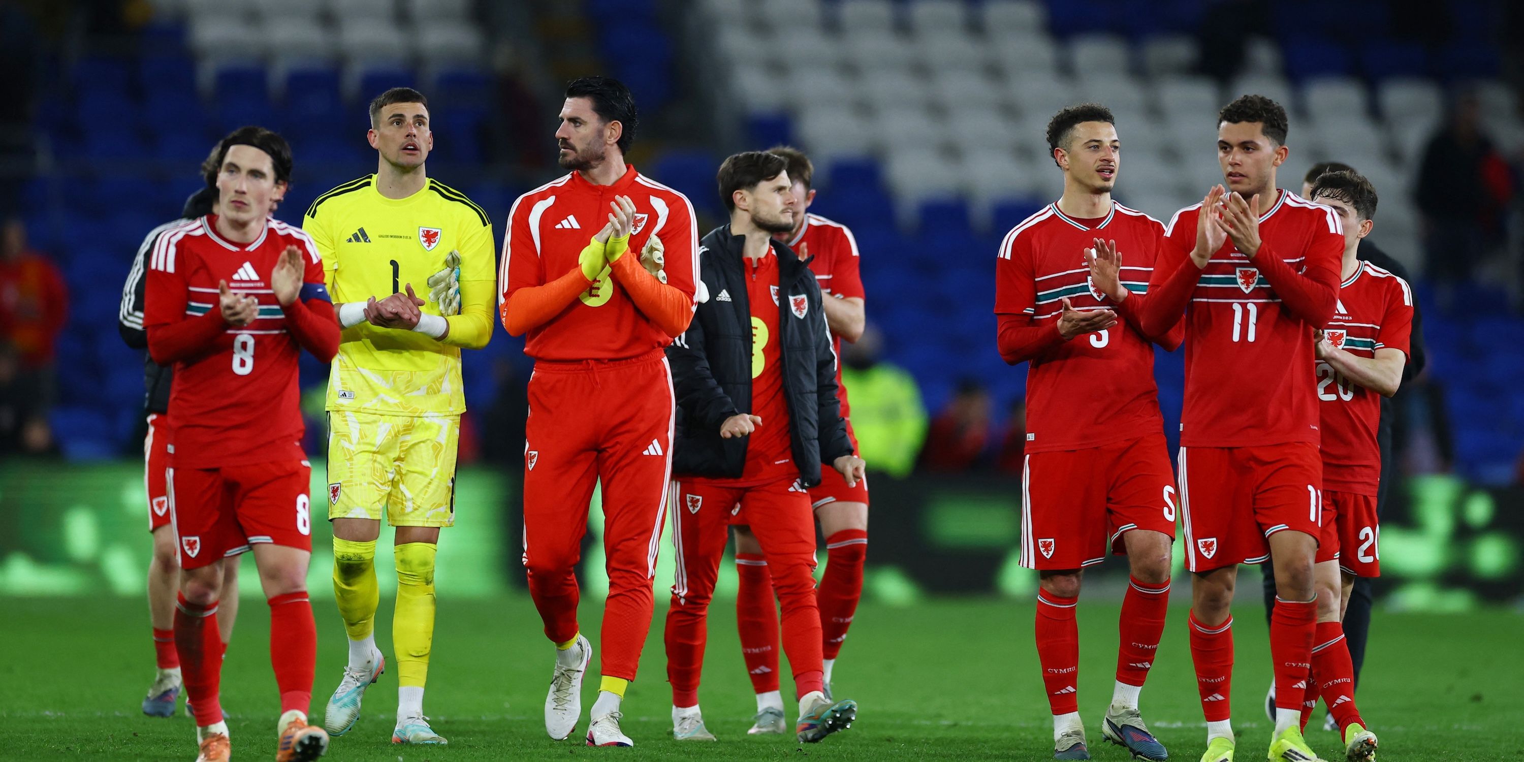 Wales' Ethan Ampadu, Harry Wilson, Brennan Johnson and Karl Darlow react