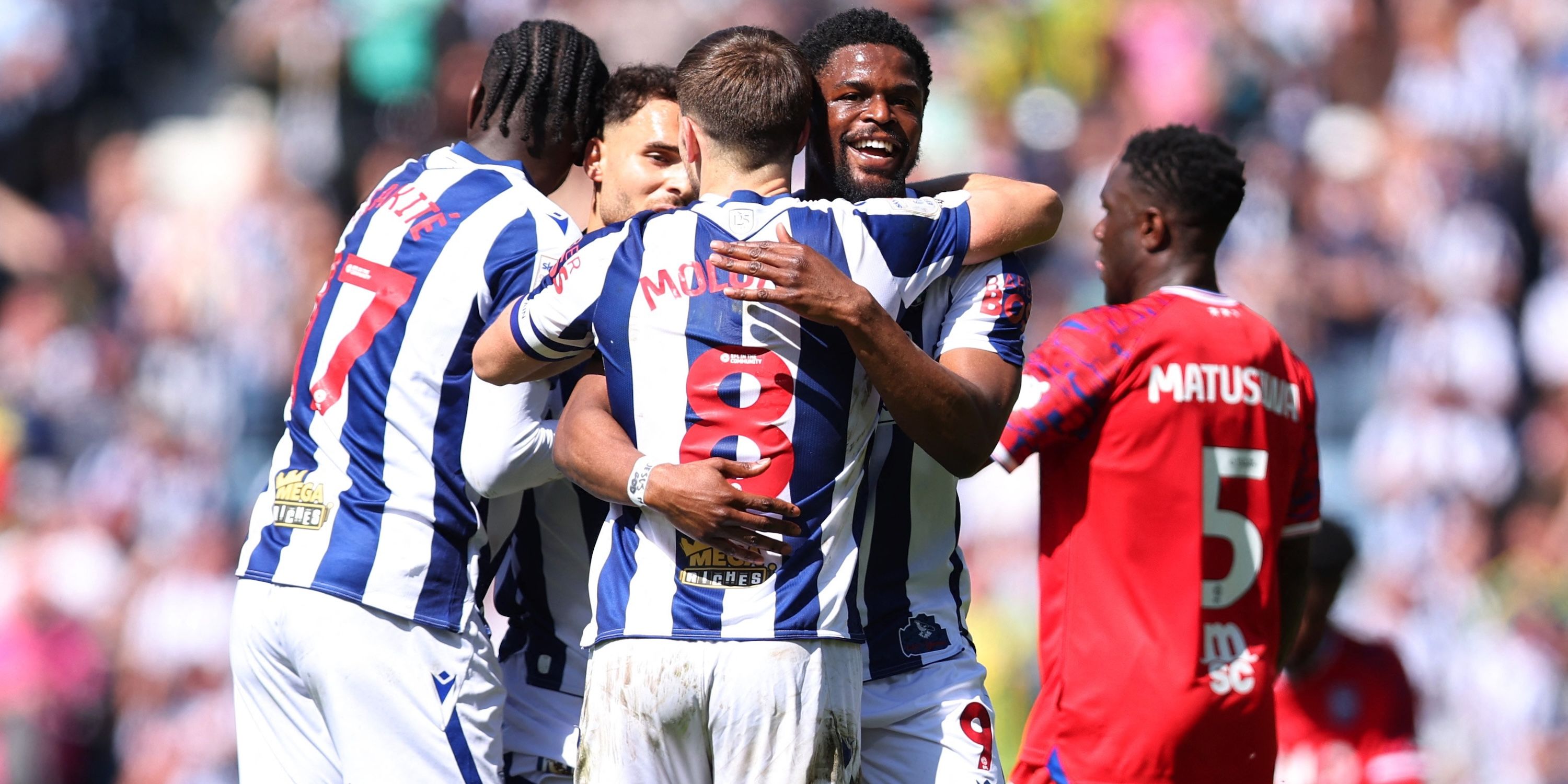 West Bromwich Albion's Jayson Molumby and Josh Maja celebrate after the match