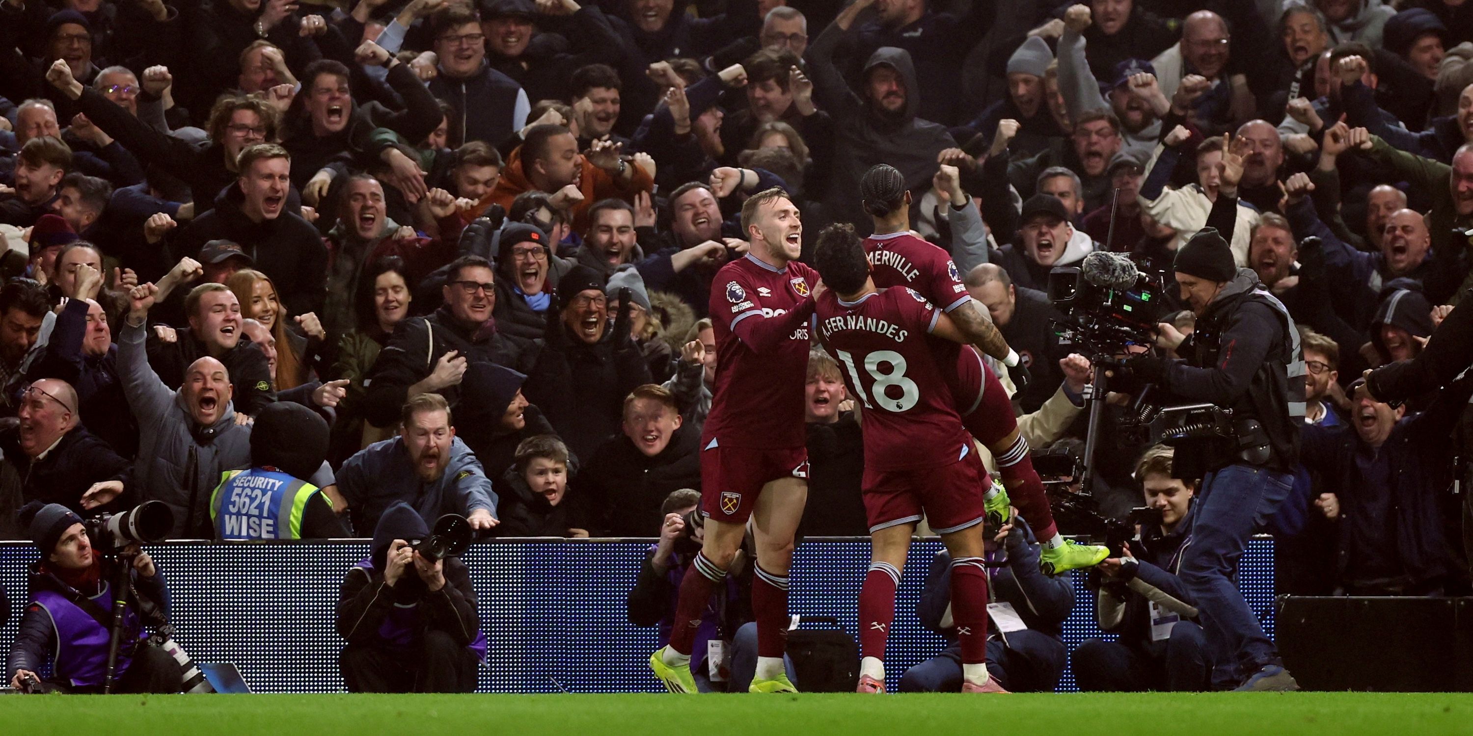 West Ham United's Crysencio Summerville celebrates scoring their first goal with Mateus Fernandes and Jarrod Bowen