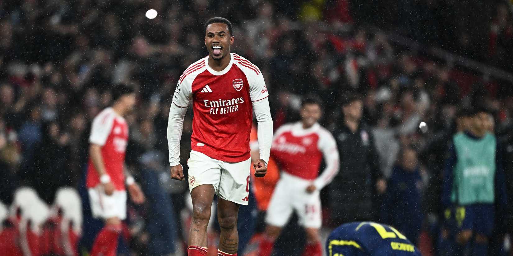 Arsenal's Gabriel Magalhaes celebrates after reaching the UEFA Champions League final 