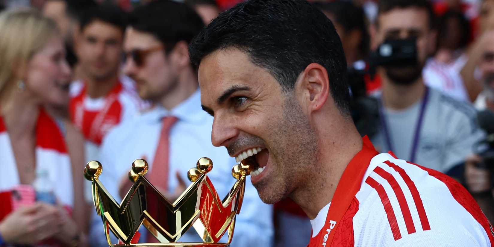 Arsenal's Mikel Arteta celebrates with the trophy after winning the Premier League