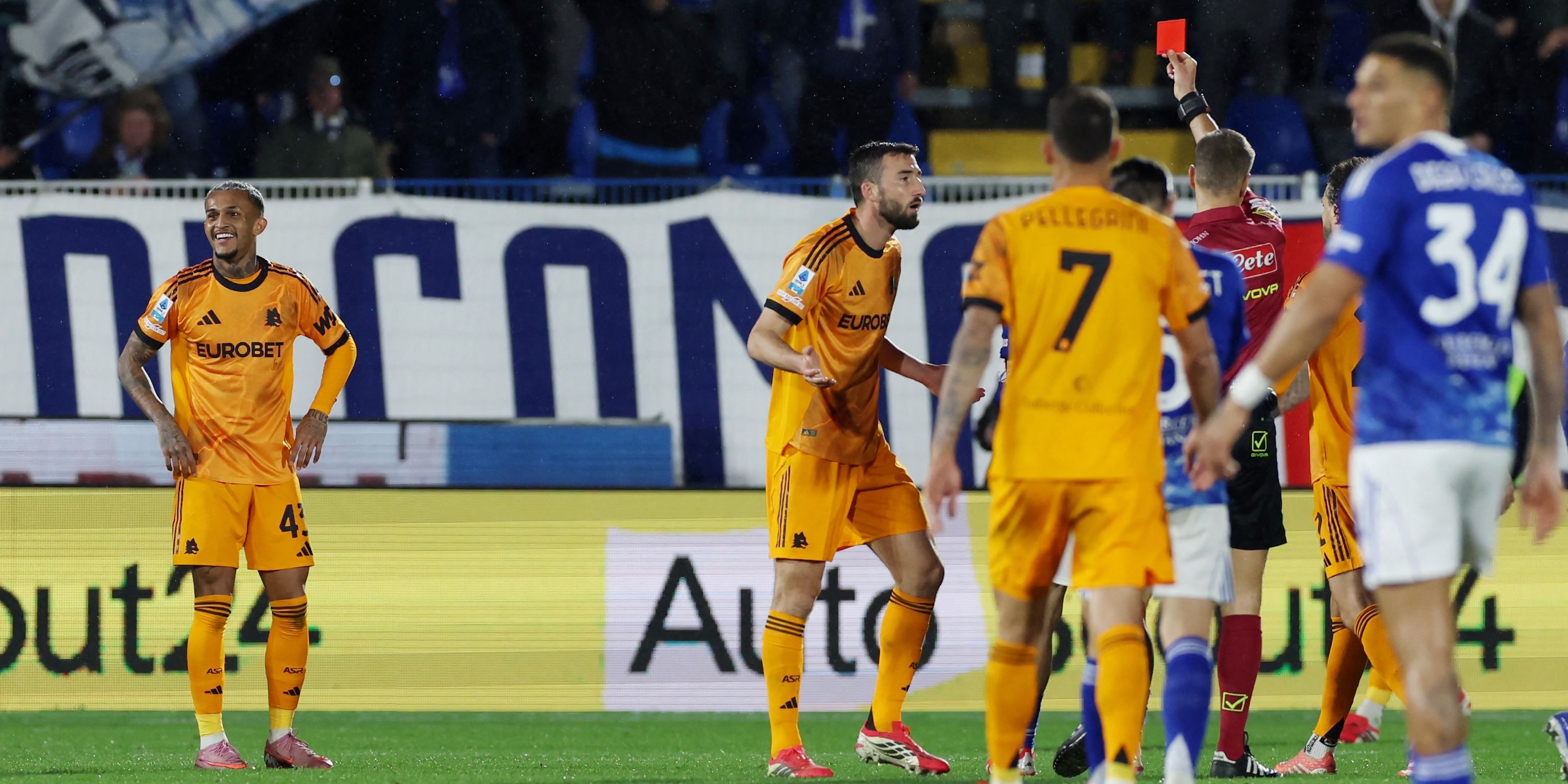 AS Roma's Wesley Franca is shown a second yellow then red card by referee Davide Massa