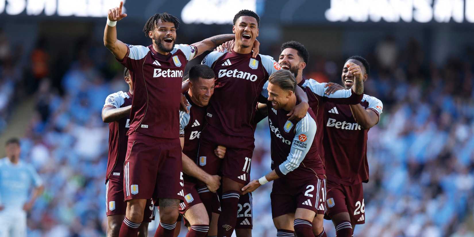 Aston Villa's Ollie Watkins celebrates scoring their second goal with teammates