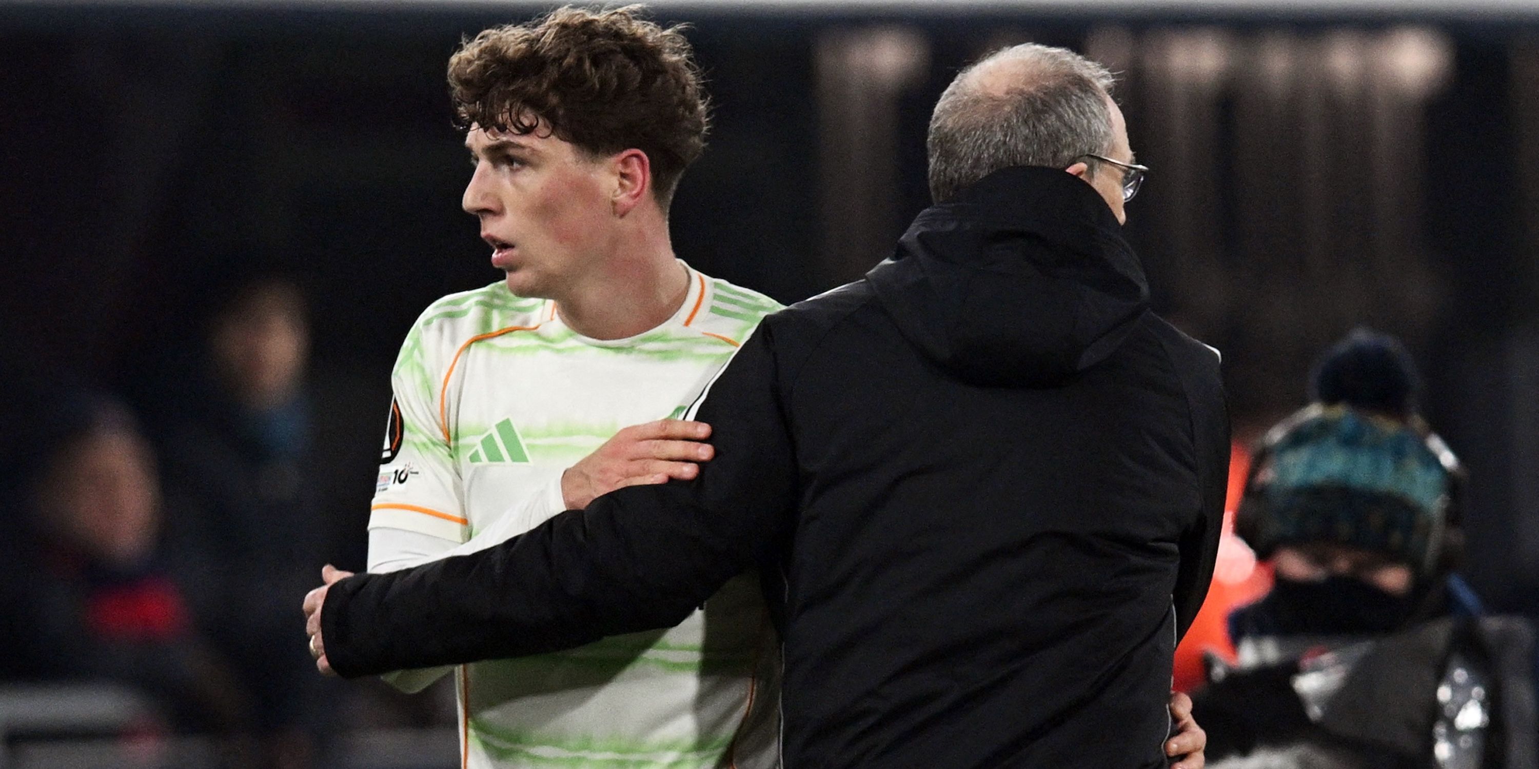 Celtic's Arne Engels hugs Celtic interim manager Martin O'Neill
