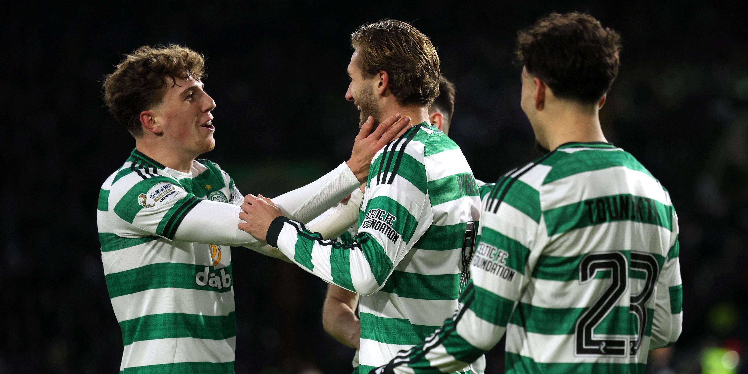 Celtic's Benjamin Nygren celebrates scoring their third goal with Celtic's Arne Engels