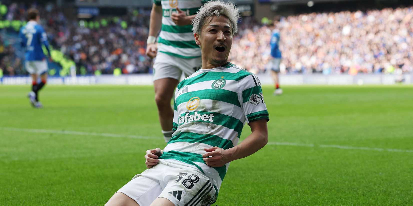 Celtic's Daizen Maeda celebrates a goal disallowed late on