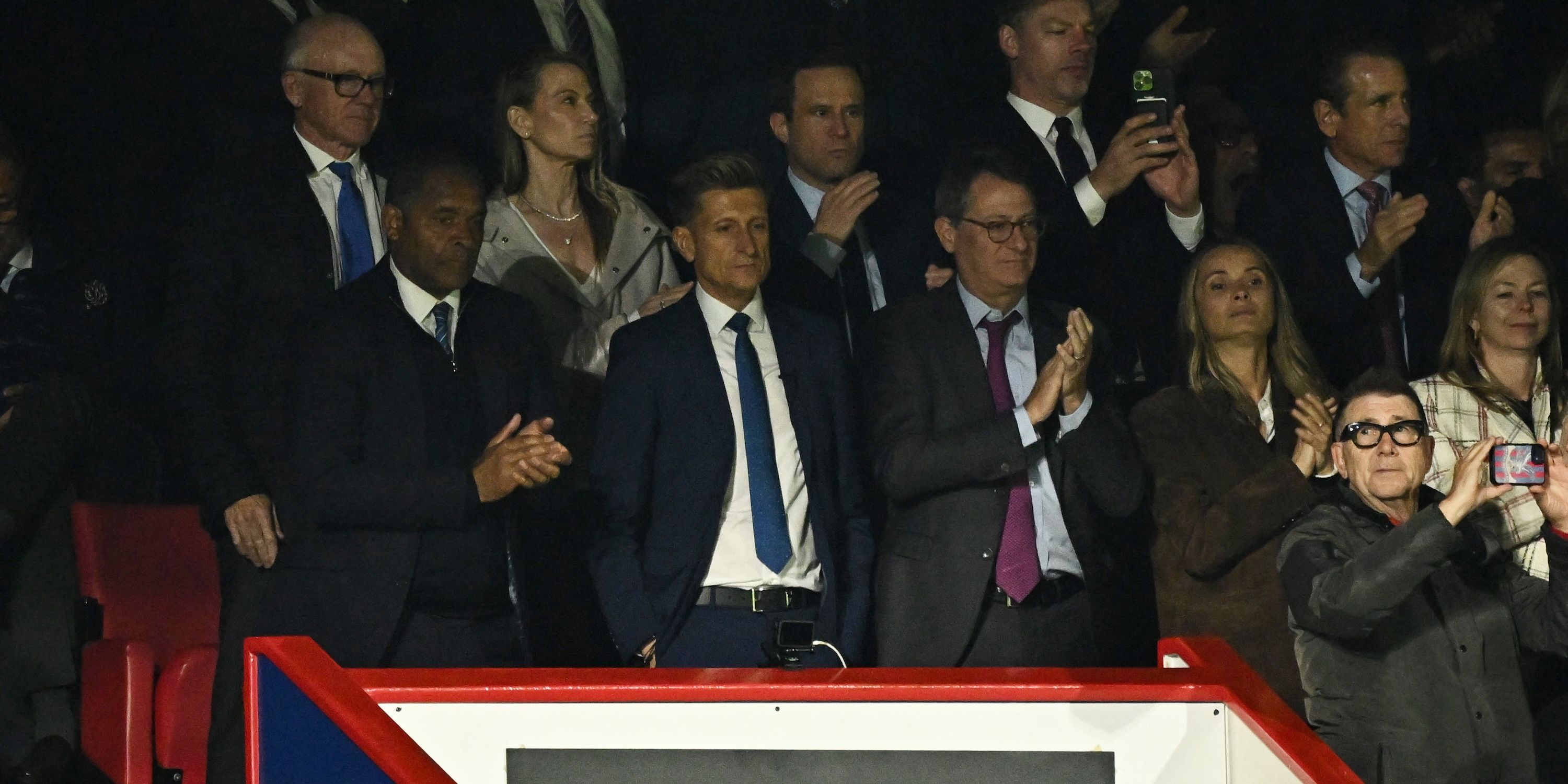 Crystal Palace chairman Steve Parish and former player Mark Bright in the stands 