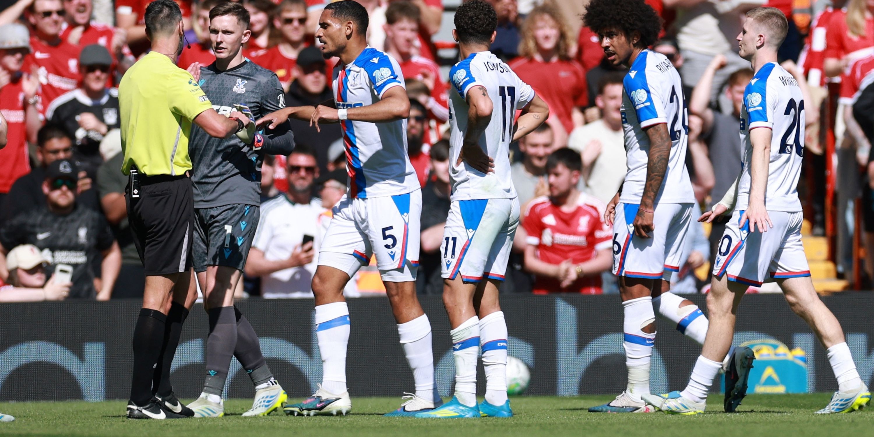  Crystal Palace's Dean Henderson and Maxence Lacroix remonstrate with referee Andy Madley