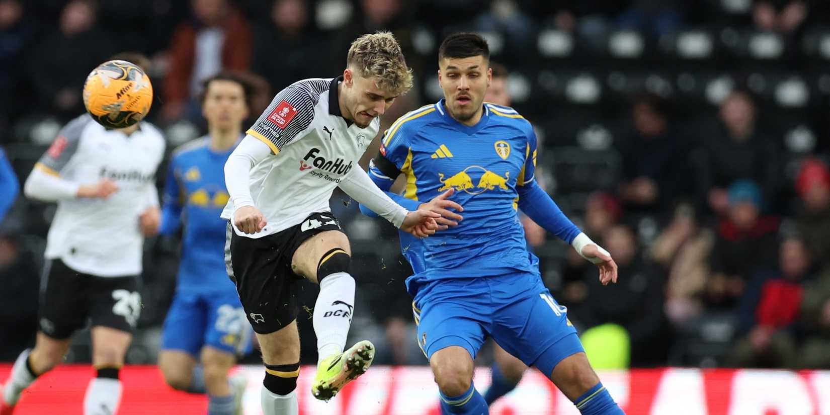 Bobby Clark of Derby County playing against Joel Piroe of Leeds United