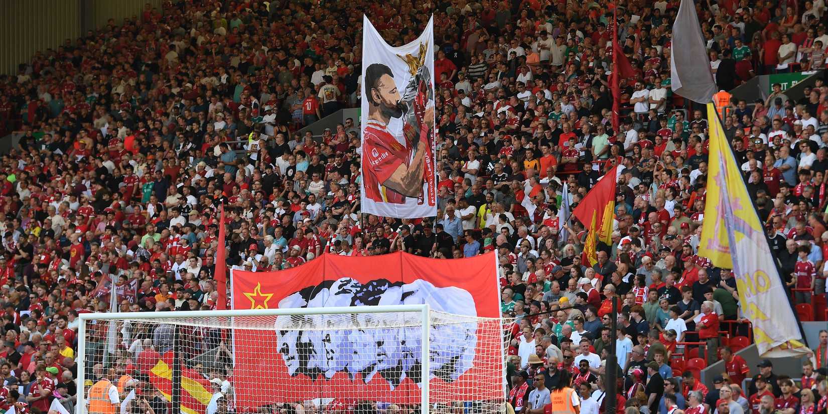 Liverpool fans display Mohamed Salah's banner before the match