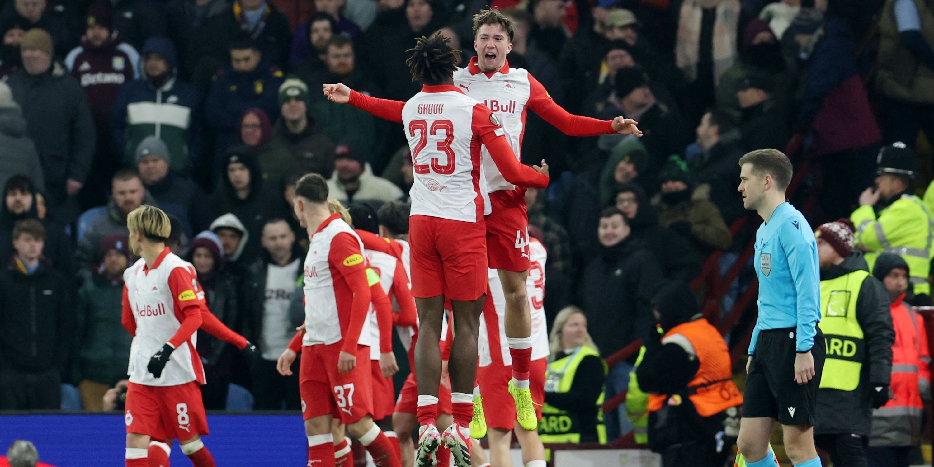 RB Salzburg's Joane Gadou and Jannik Schuster celebrate after Moussa Yeo scores their second goal