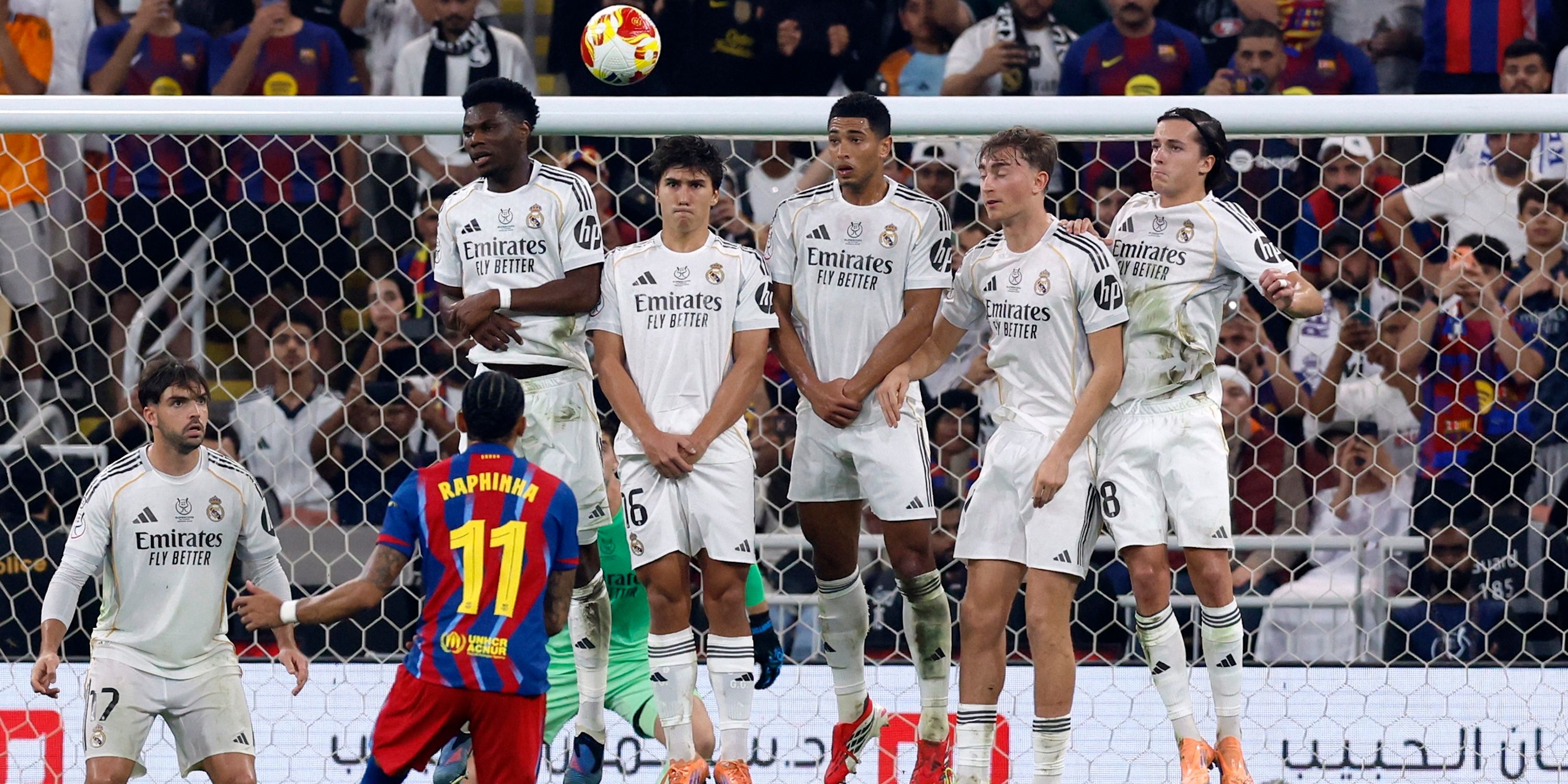 Real Madrid's Aurelien Tchouameni, Real Madrid's Gonzalo Garcia, Real Madrid's Jude Bellingham, Real Madrid's Dean Huijsen and Real Madrid's Alvaro Carreras in the wall
