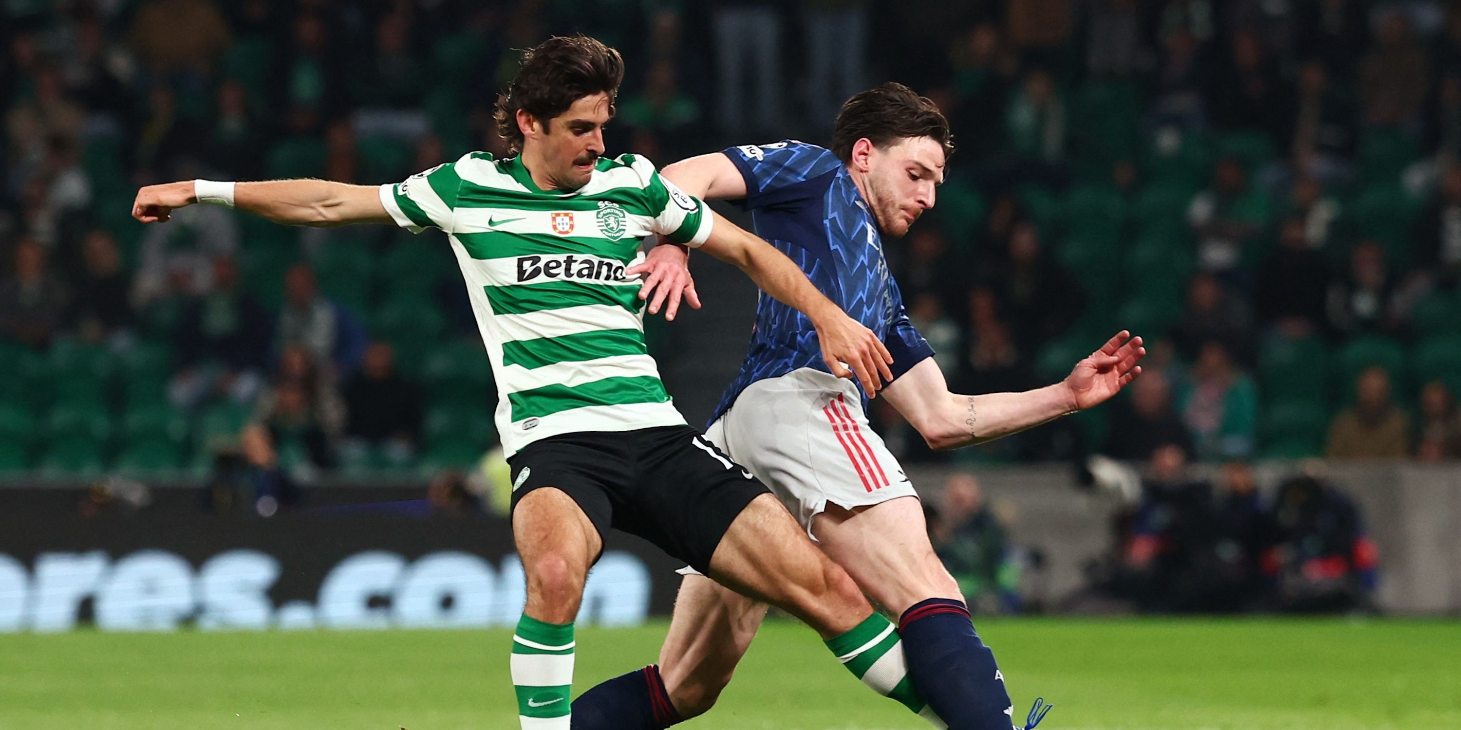 Sporting CP's Francisco Trincao in action with Arsenal's Declan Rice