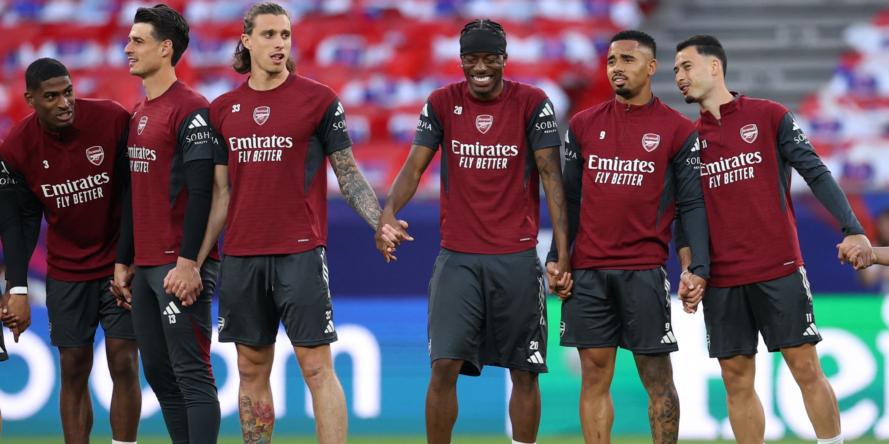 Arsenal's Cristhian Mosquera, Kepa Arrizabalaga, Riccardo Calafiori, Noni Madueke, Gabriel Jesus and Gabriel Martinelli