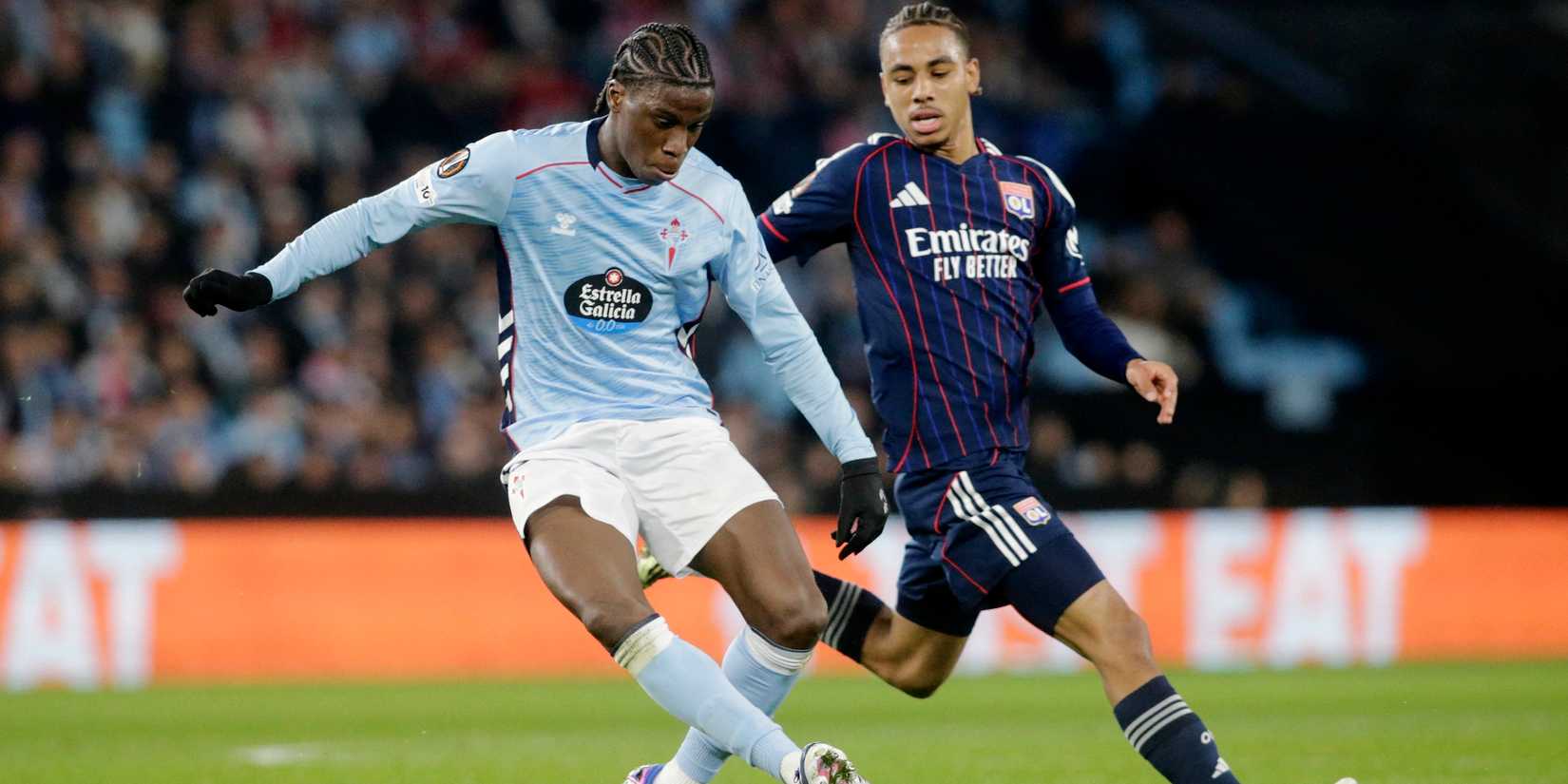 Celta Vigo's Ilaix Moriba in action with Olympique Lyonnais' Noah Nartey