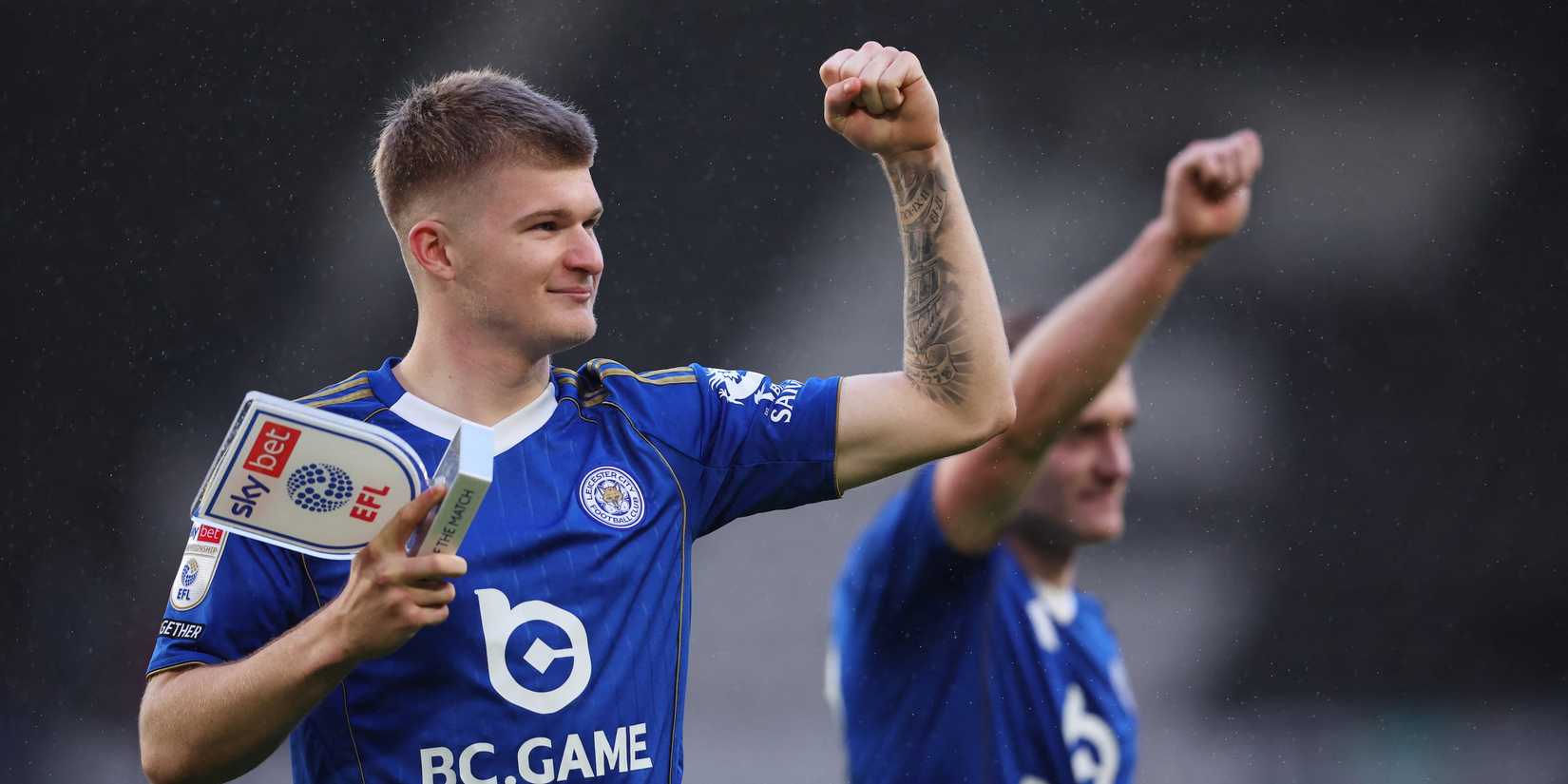 Leicester City's Jordan James celebrates after the match with the man of the match award