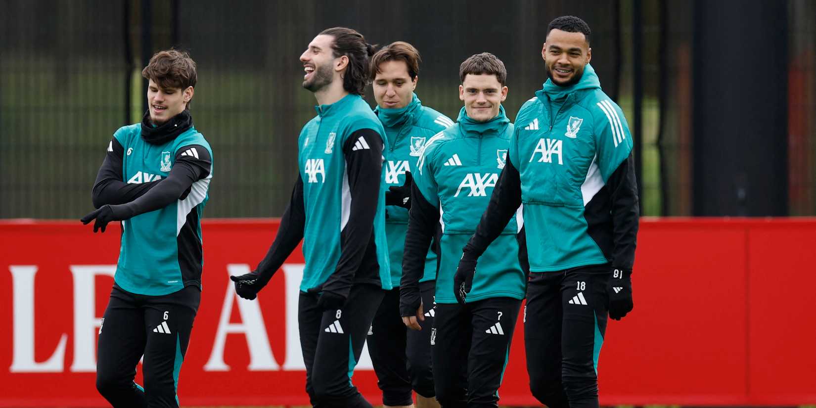 Liverpool's Milos Kerkez, Dominik Szoboszlai, Federico Chiesa, Florian Wirtz and Cody Gakpo during training