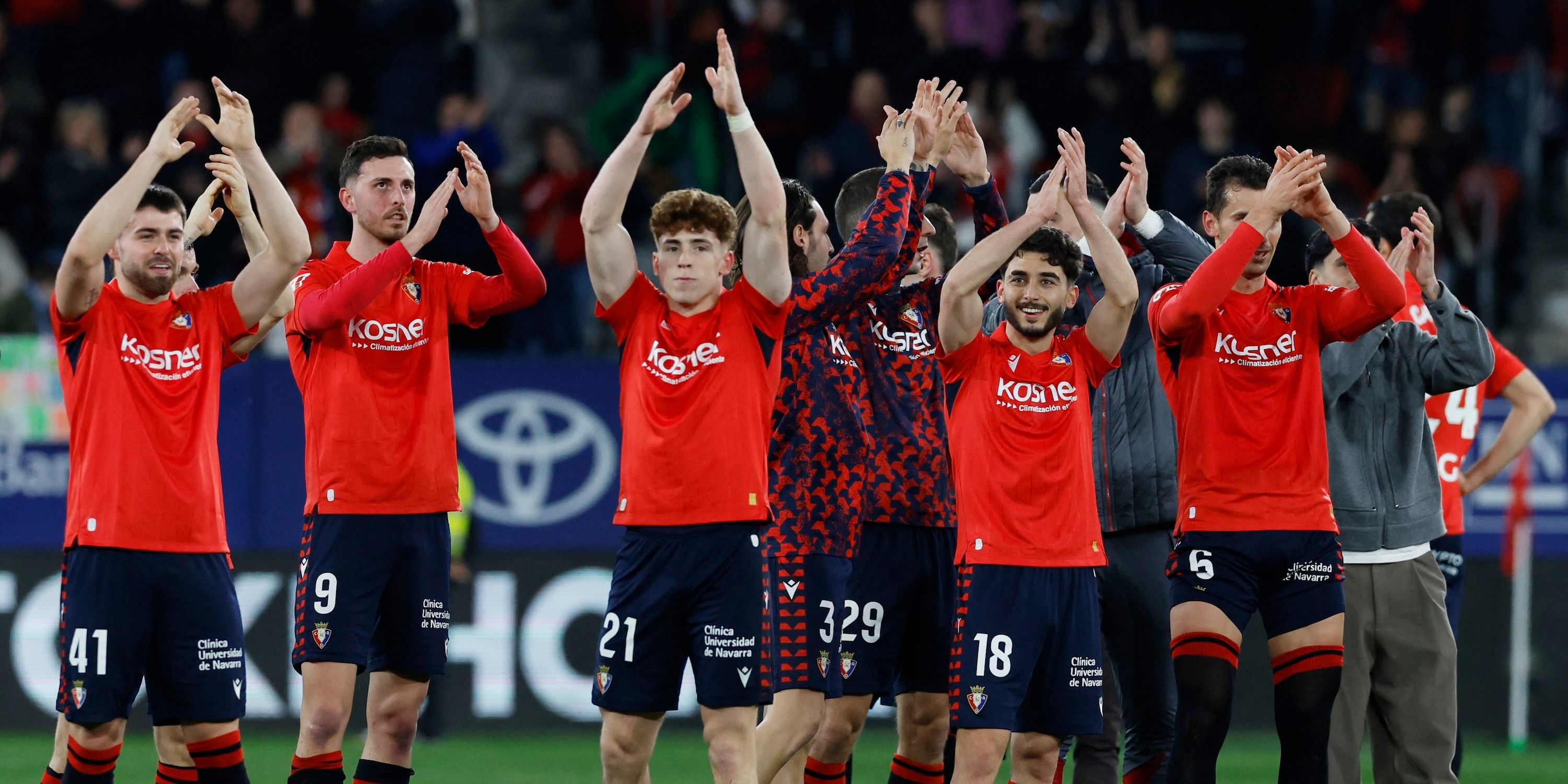 Osasuna's Inigo Arguibide, Raul Garcia, Victor Munoz, Osasuna's Raul Moro and Lucas Torro celebrate after the match