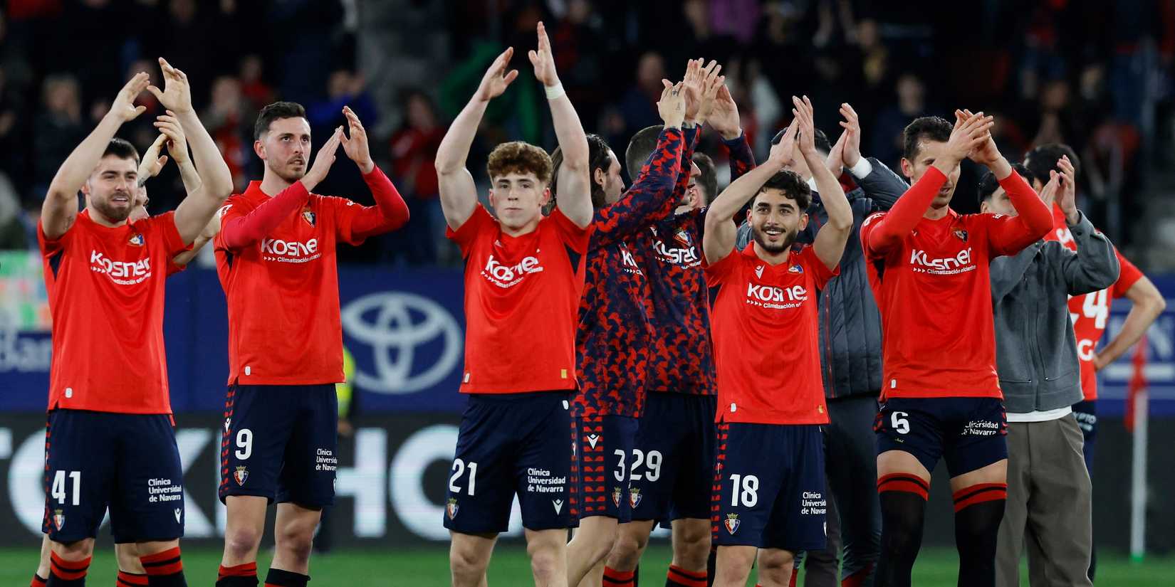 Osasuna's Inigo Arguibide, Raul Garcia, Victor Munoz, Osasuna's Raul Moro and Lucas Torro celebrate after the match