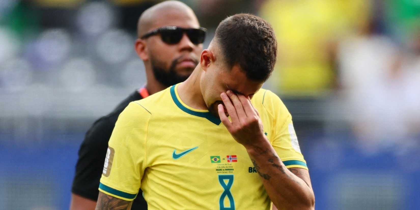 Brazil's Bruno Guimaraes looks dejected after the match as Brazil are eliminated from the World Cup