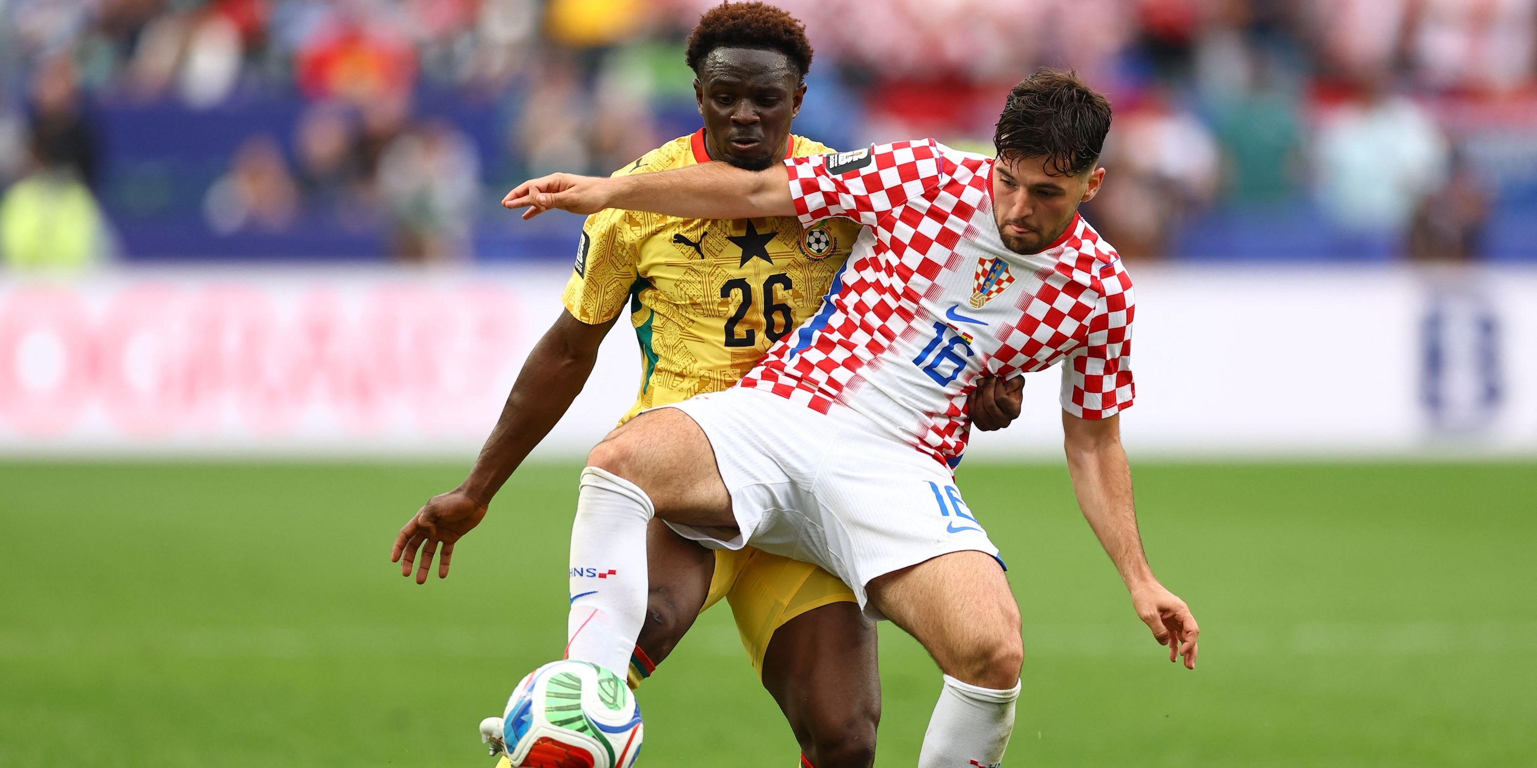 Croatia's Martin Baturina in action with Ghana's Marvin Senaya
