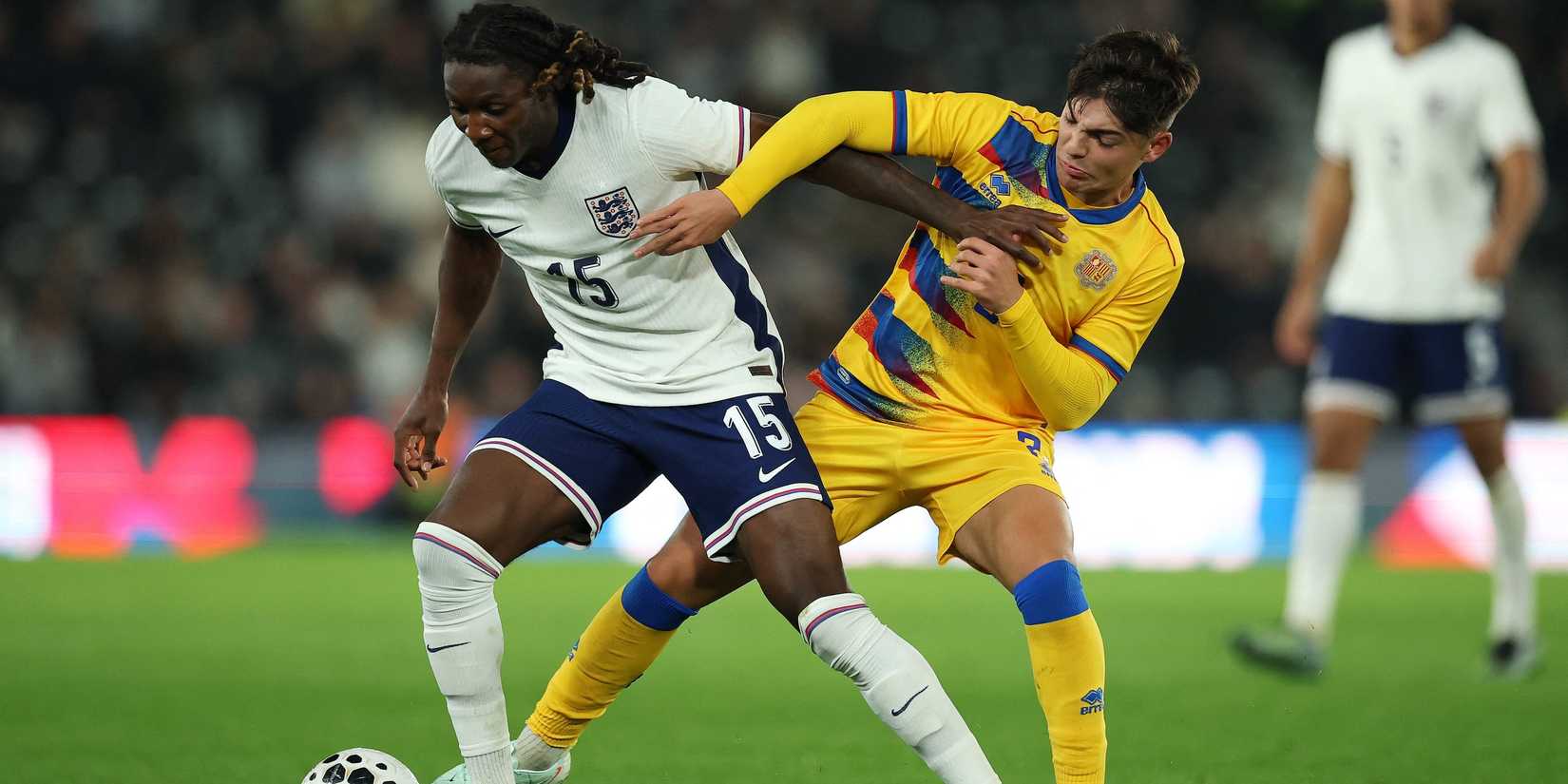 England's Brooke Norton-Cuffy in action with Andorra's Hugo Ferreira