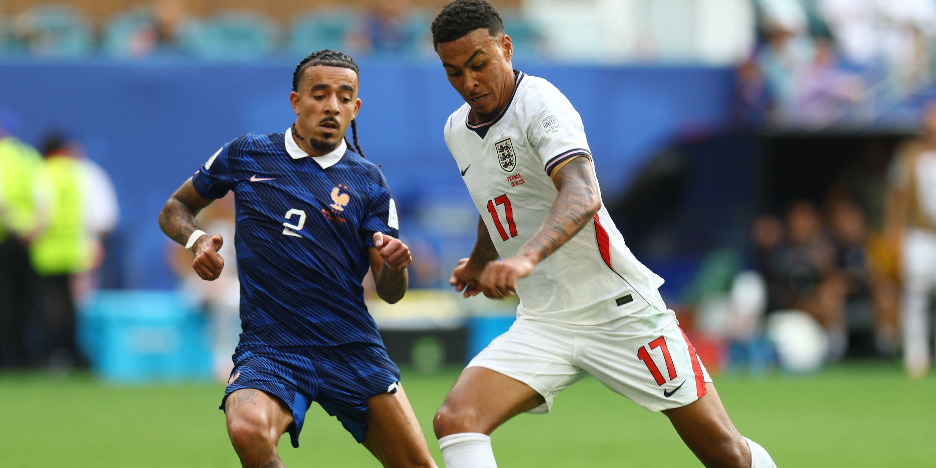 England's Morgan Rogers in action with France's Malo Gusto