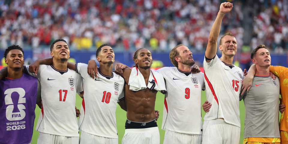 England's Ollie Watkins, Morgan Rogers, Jude Bellingham, Djed Spence, Harry Kane, Dan Burn and Dean Henderson