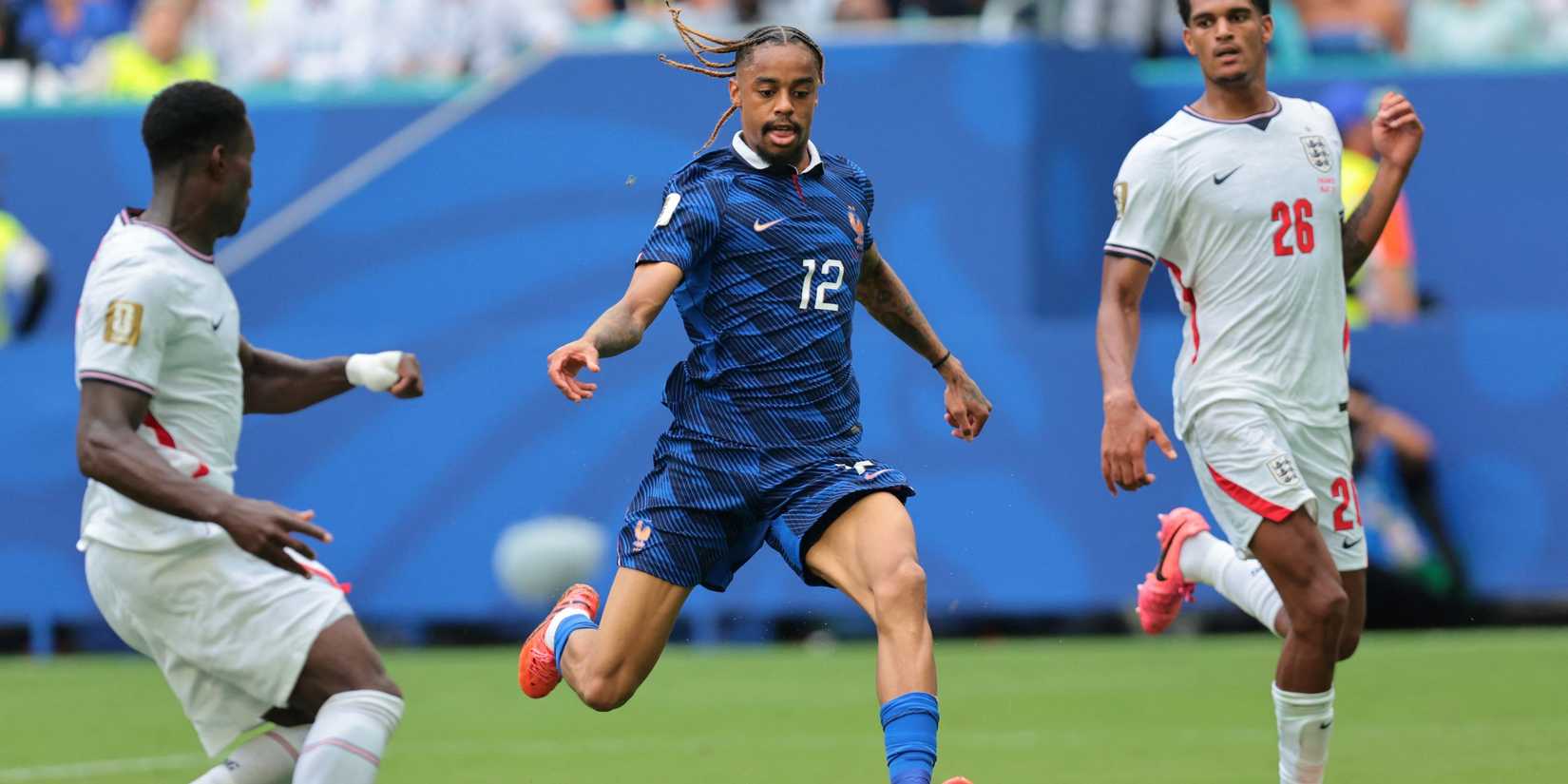 France's Bradley Barcola scores their second goal