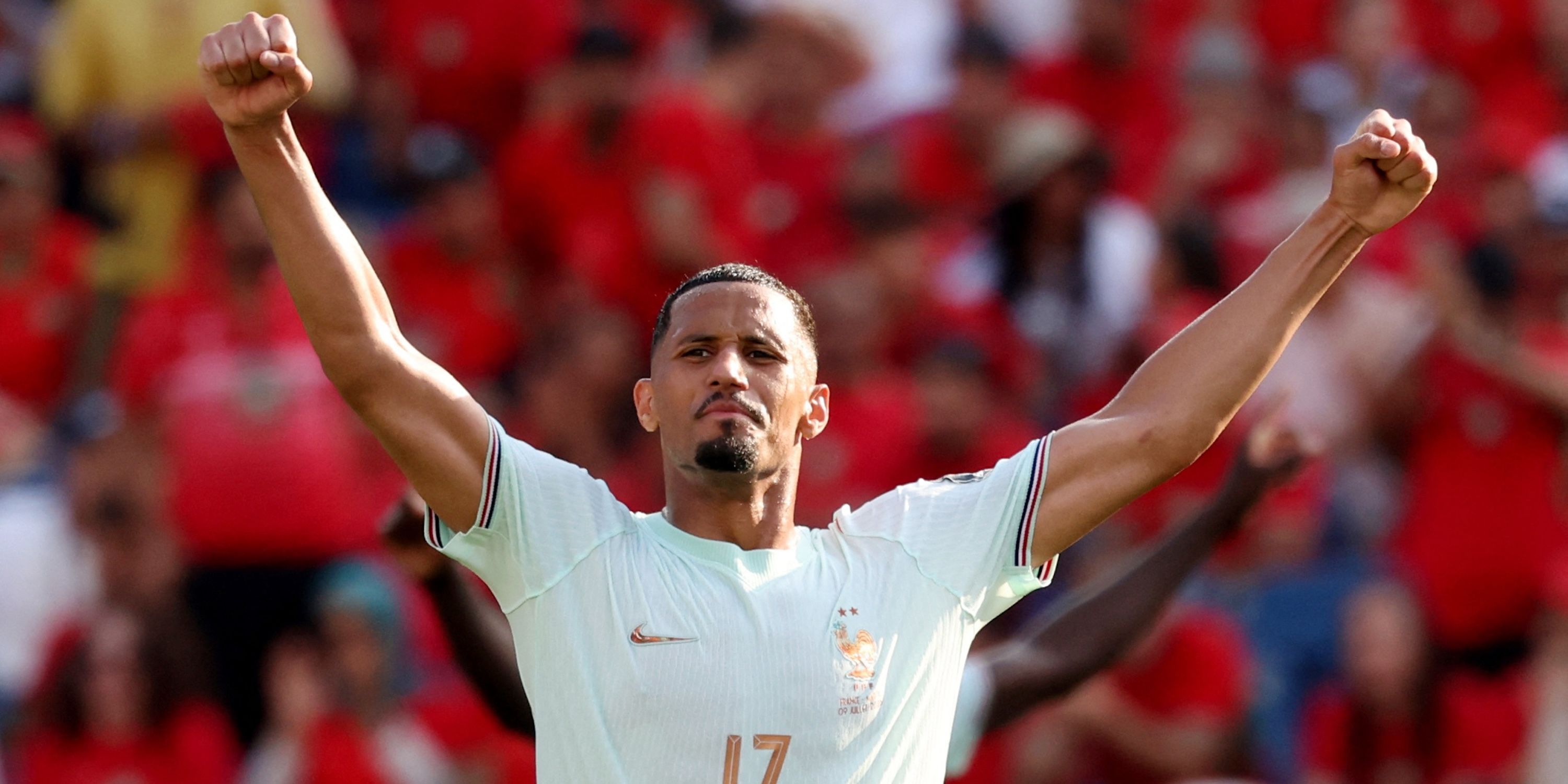 France's William Saliba celebrates after the match as France qualify for the semi finals of the World Cup
