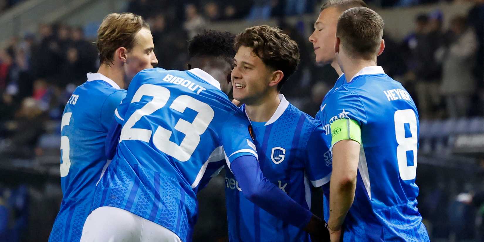 KRC Genk's Konstantinos Karetsas celebrates scoring their second goal with teammates