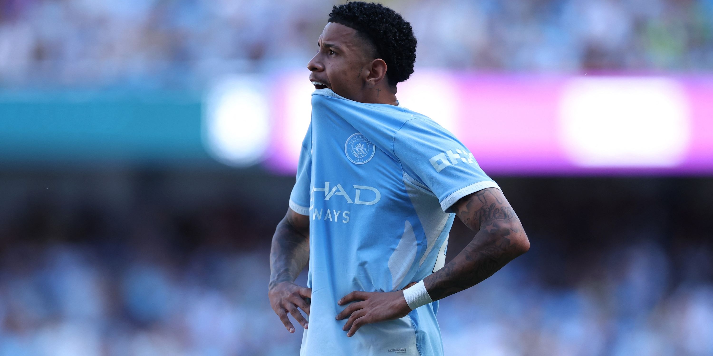 Manchester City's Savinho reacts
