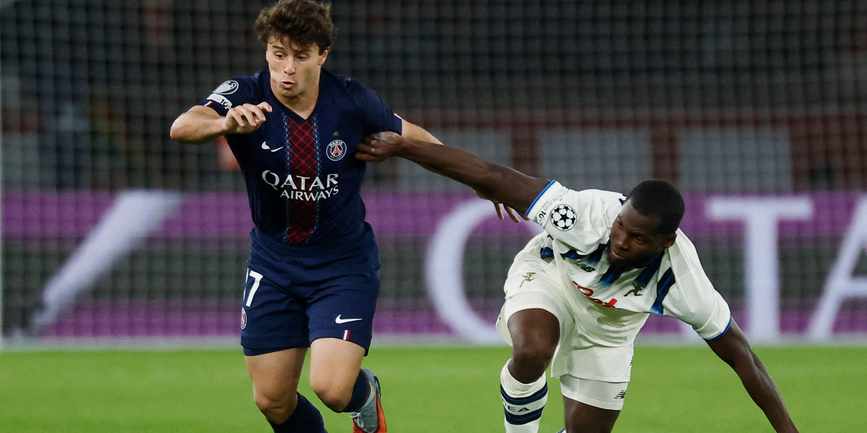 Paris St Germain's Joao Neves in action with Atalanta's Yunus Musah 