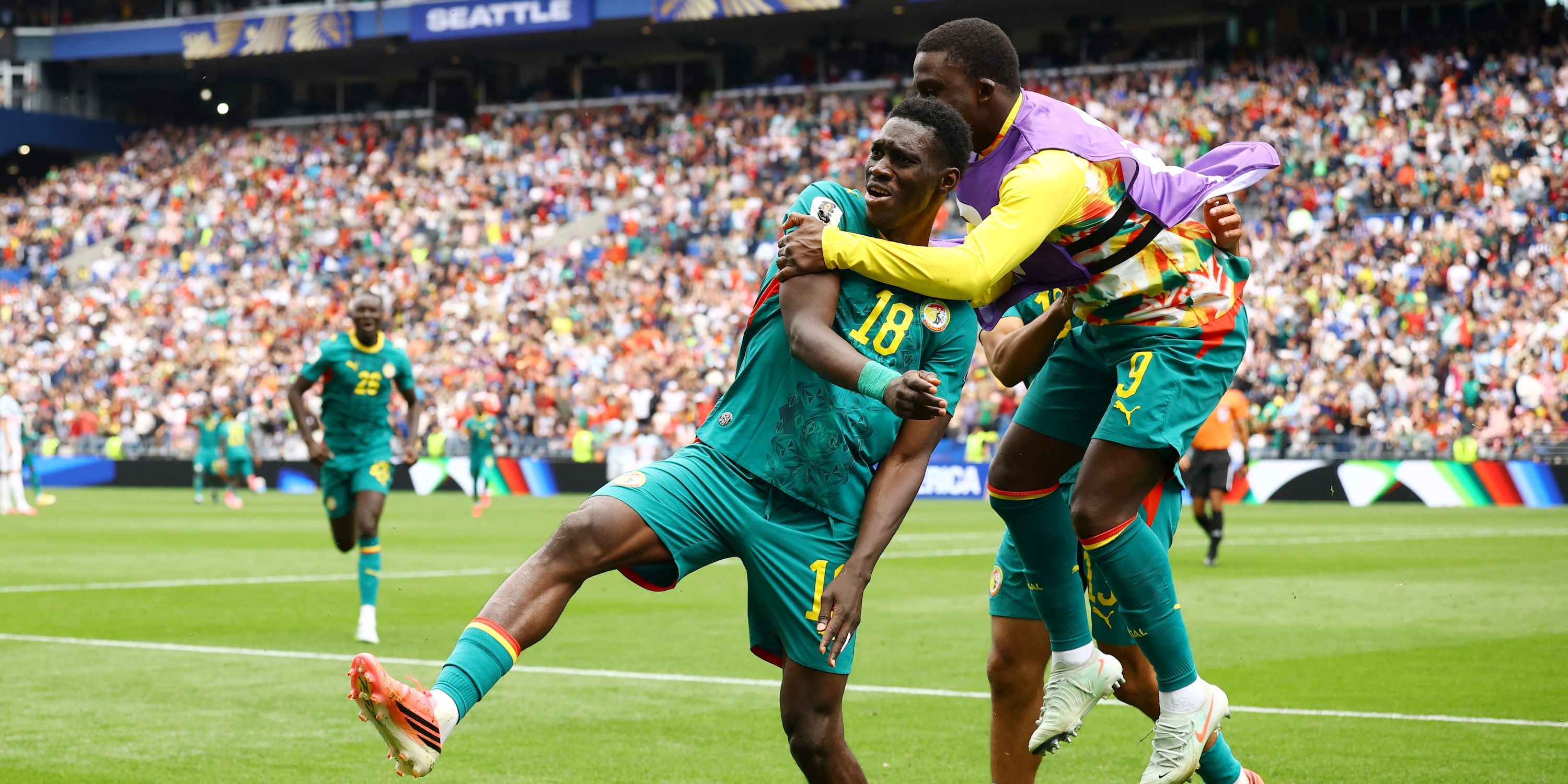 Senegal's Ismaila Sarr celebrates scoring their second goal with Kalidou Koulibaly
