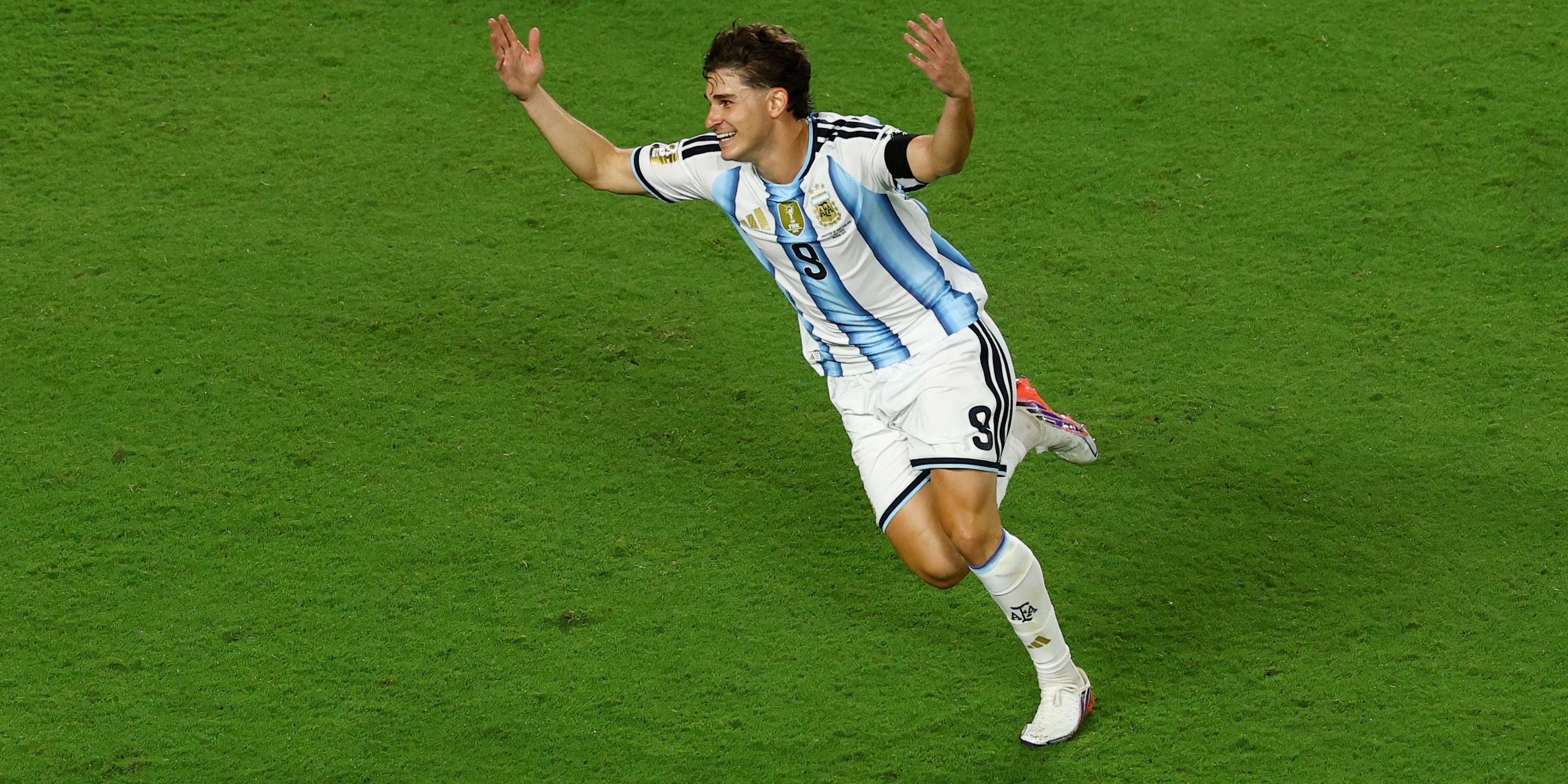 Argentina's Julian Alvarez celebrates scoring their second goal