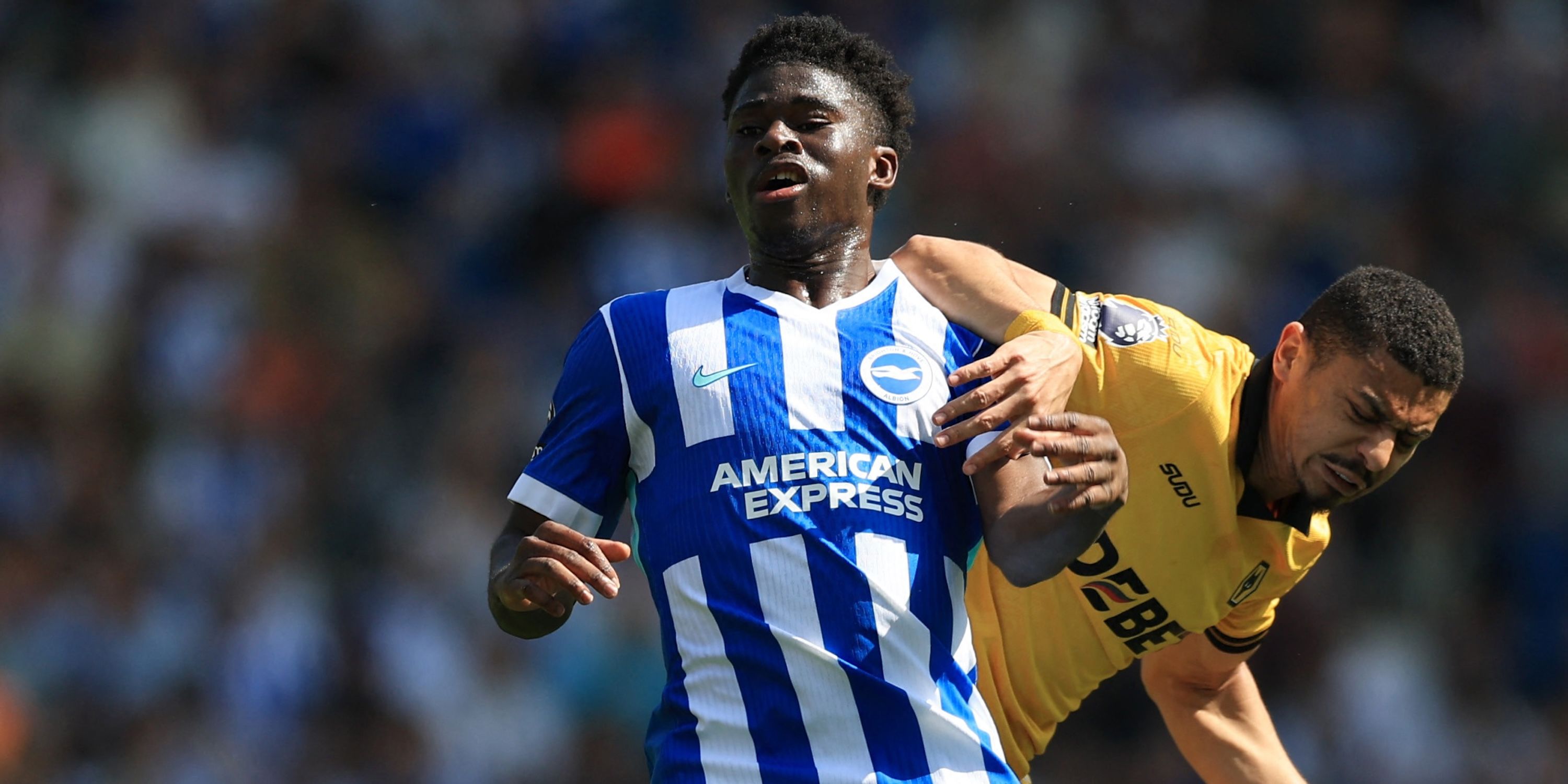 Brighton & Hove Albion's Carlos Baleba in action with Wolverhampton Wanderers' Andre