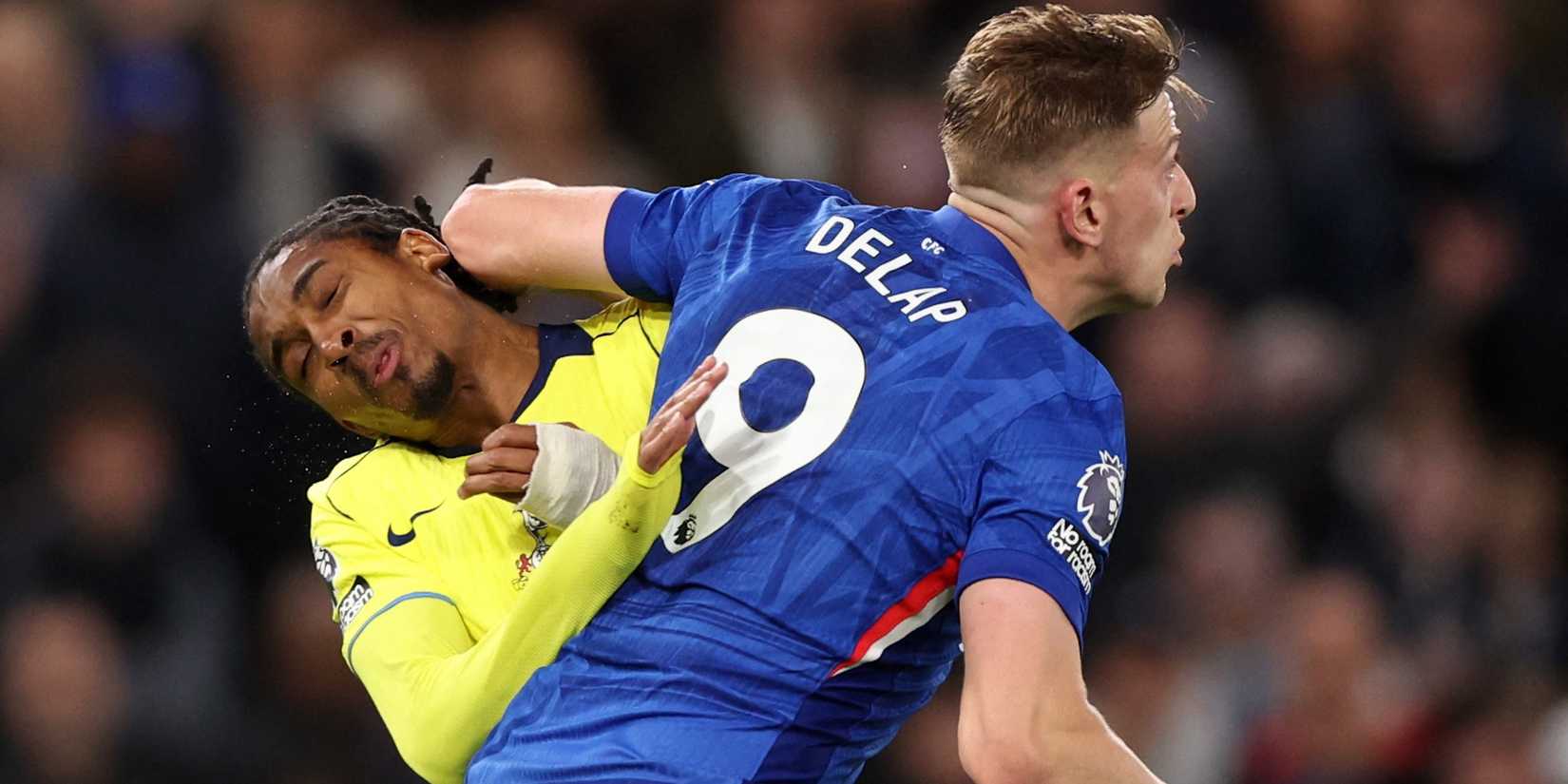 Chelsea's Liam Delap fouls Tottenham Hotspur's Djed Spence