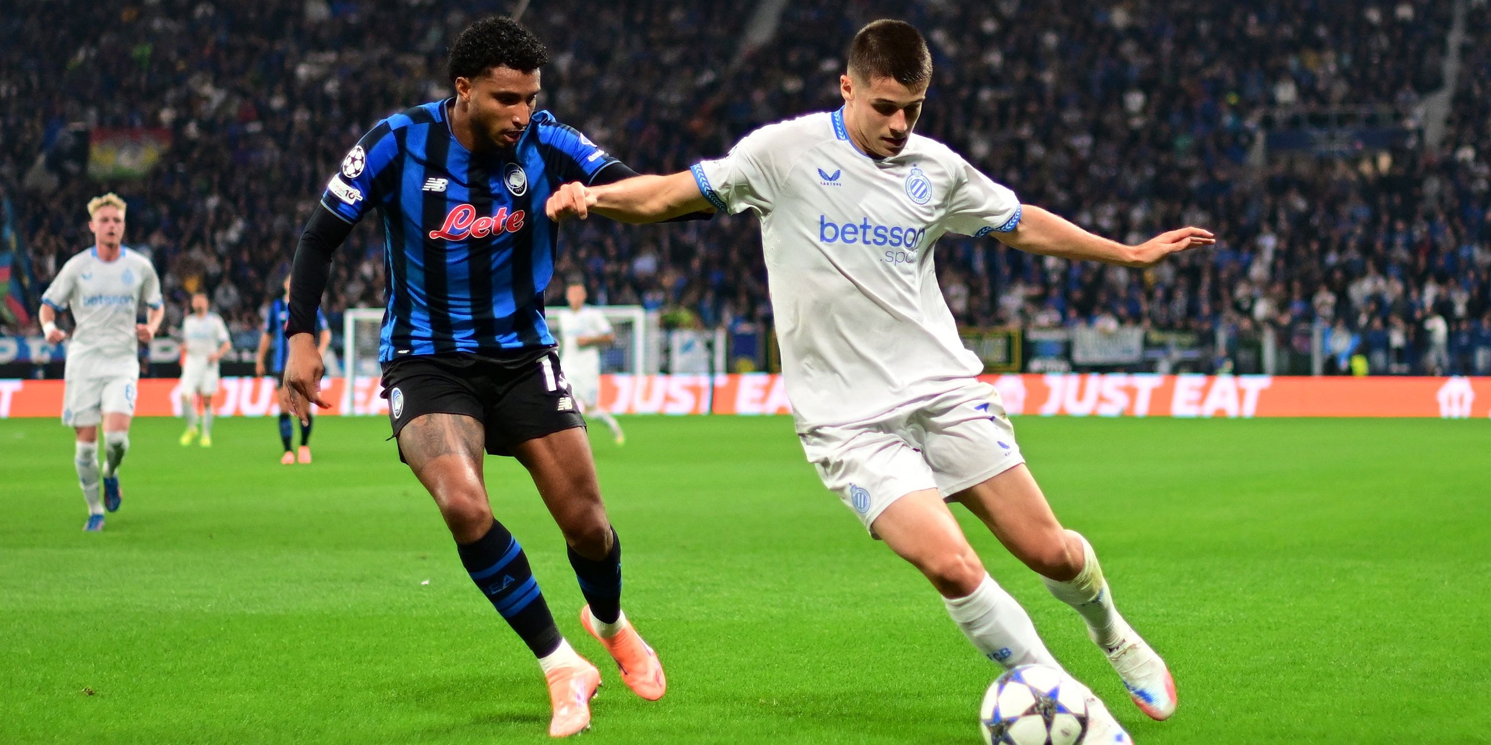 Club Brugge's Nicolo Tresoldi in action with Atalanta's Ederson