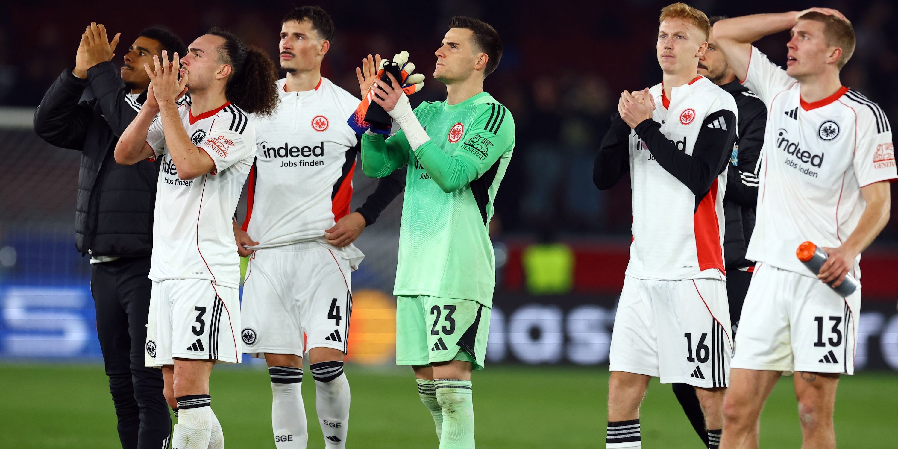 Eintracht Frankfurt's Ansgar Knauff, Arthur Theate, Robin Koch, Michael Zetterer, Hugo Larsson and Rasmus Kristensen