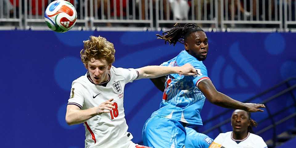 England's Anthony Gordon in action with DR Congo's Aaron Wan Bissaka 