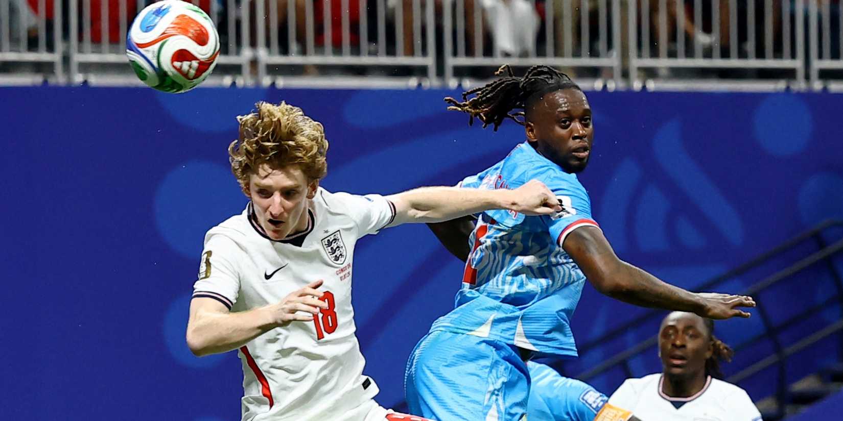 England's Anthony Gordon in action with DR Congo's Aaron Wan Bissaka 