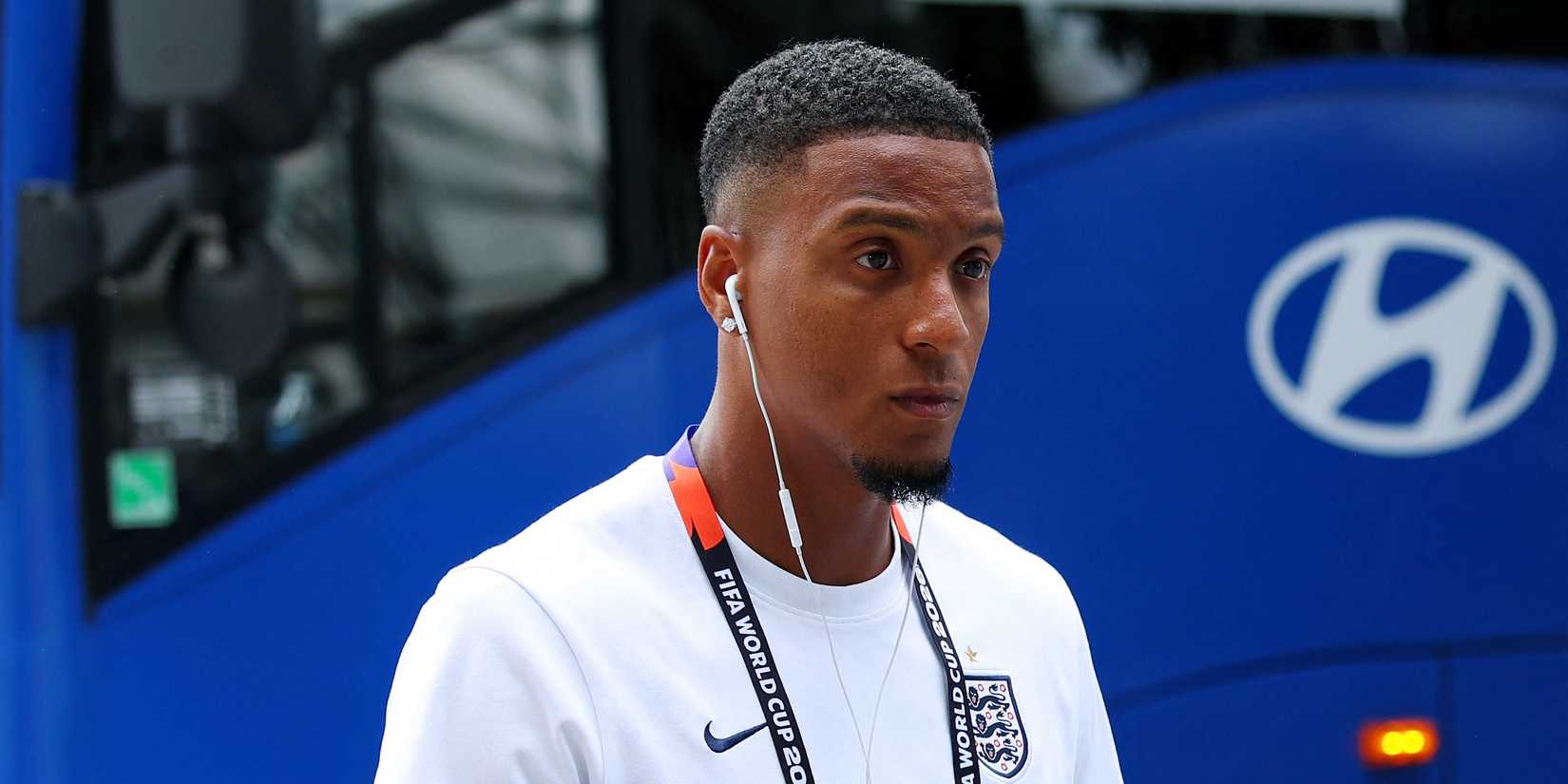 England's Ezri Konsa arrives at the stadium before the match